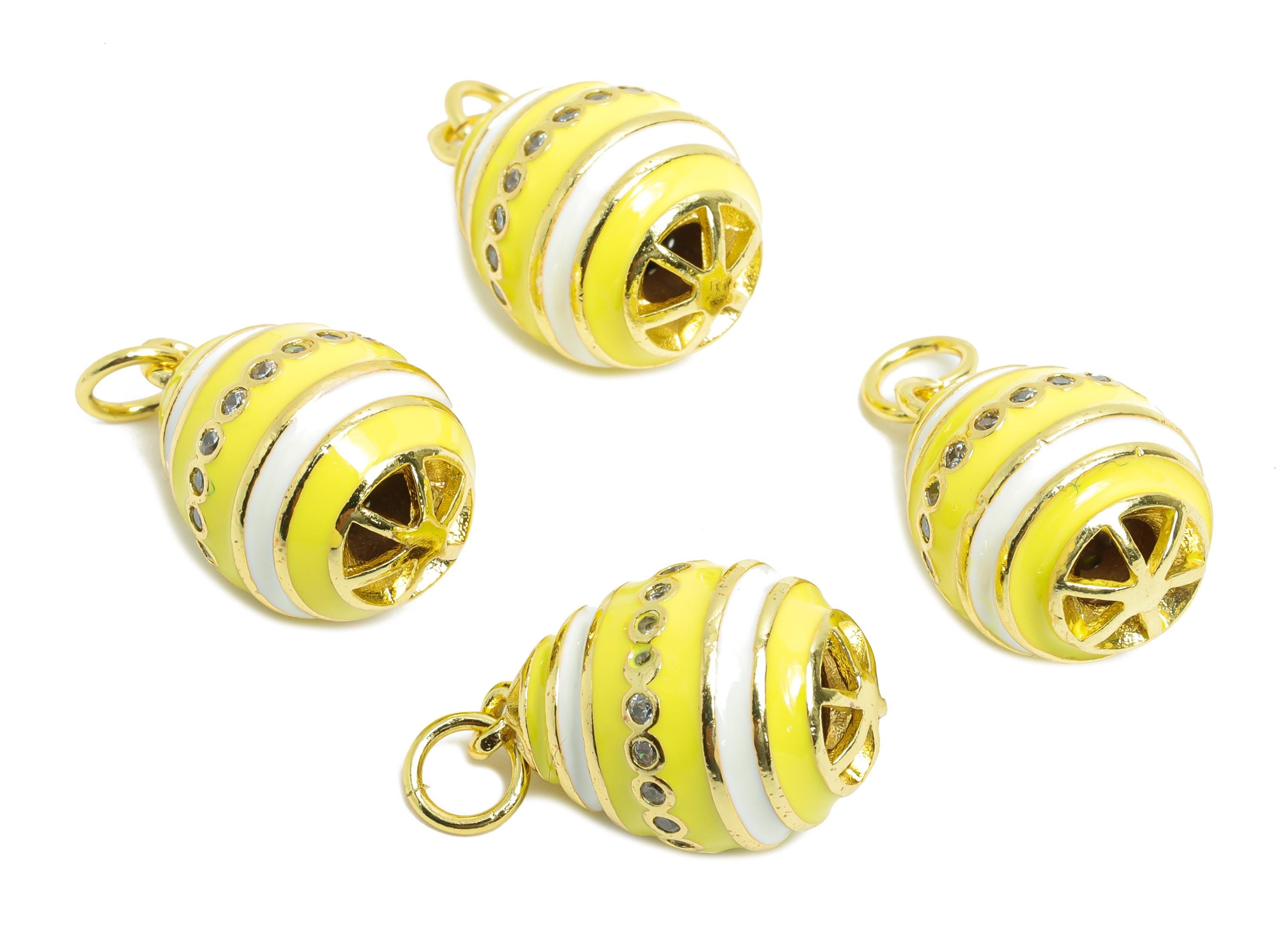 Brass Easter Eggs Pendant - Enamel CZ Stripes Pendant for Necklace - Refined Gold Jewelry - 18K Gold Plated - 21.17x13.65x13.54mm - RGP9736 - DOMEDBAZAAR