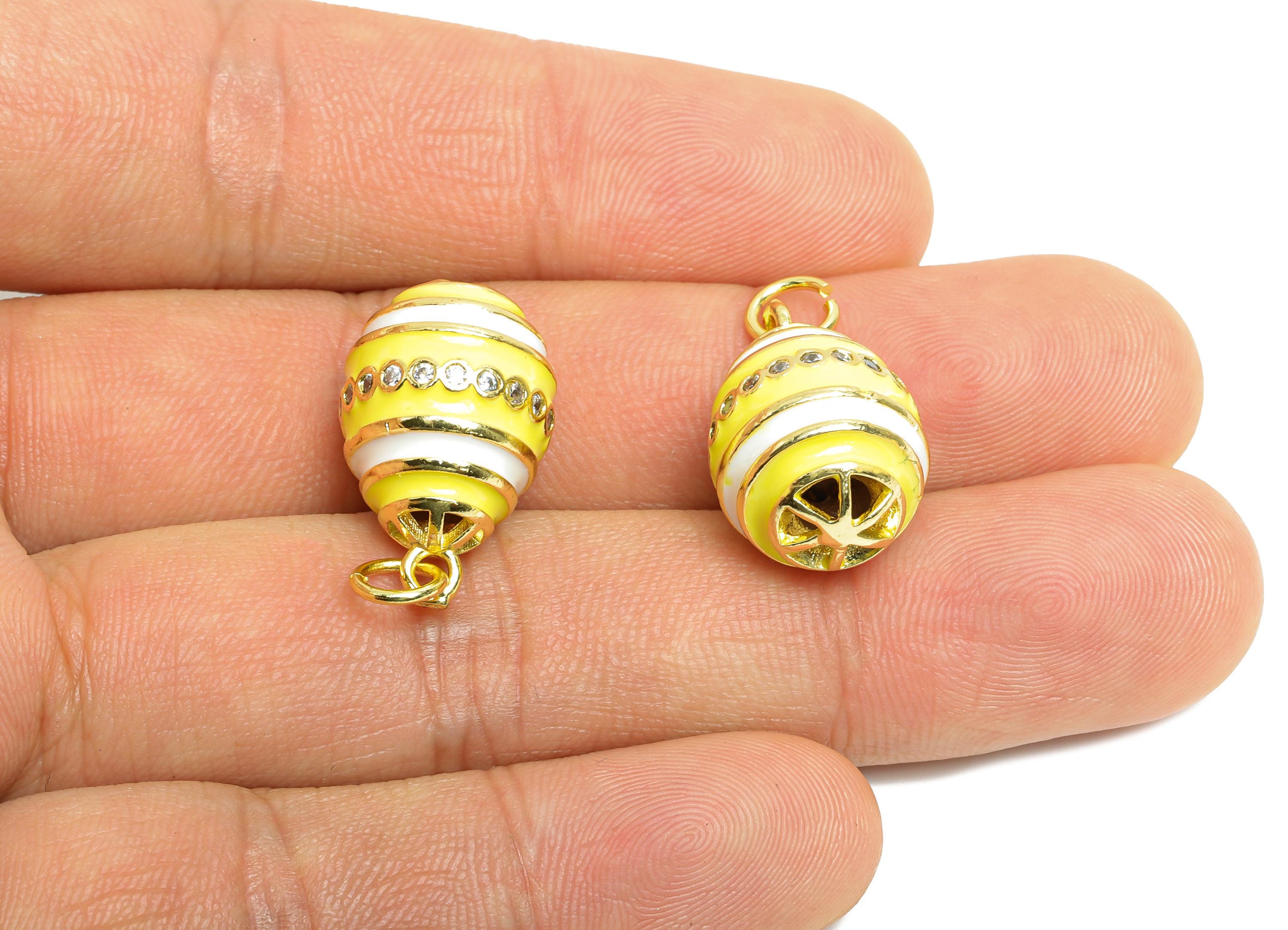 Brass Easter Eggs Pendant - Enamel CZ Stripes Pendant for Necklace - Refined Gold Jewelry - 18K Gold Plated - 21.17x13.65x13.54mm - RGP9736 - DOMEDBAZAAR