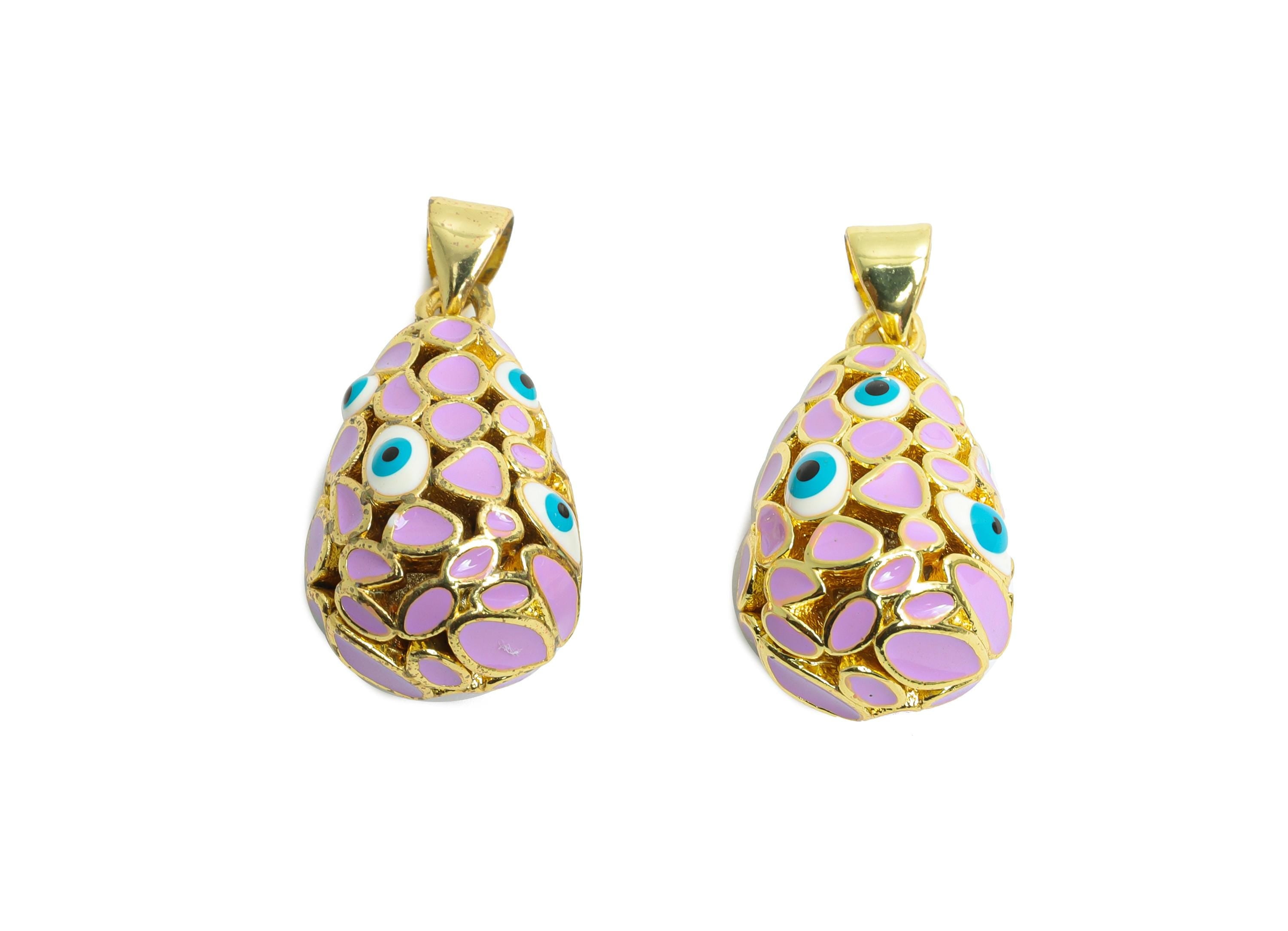 Brass Easter Eggs Pendant - Enamel CZ Hollow Evil Eye Necklace Pendant - Refined Gold Jewelry - 18K Gold Plated - 21.5x11.94x12mm - RGP9737 - DOMEDBAZAAR