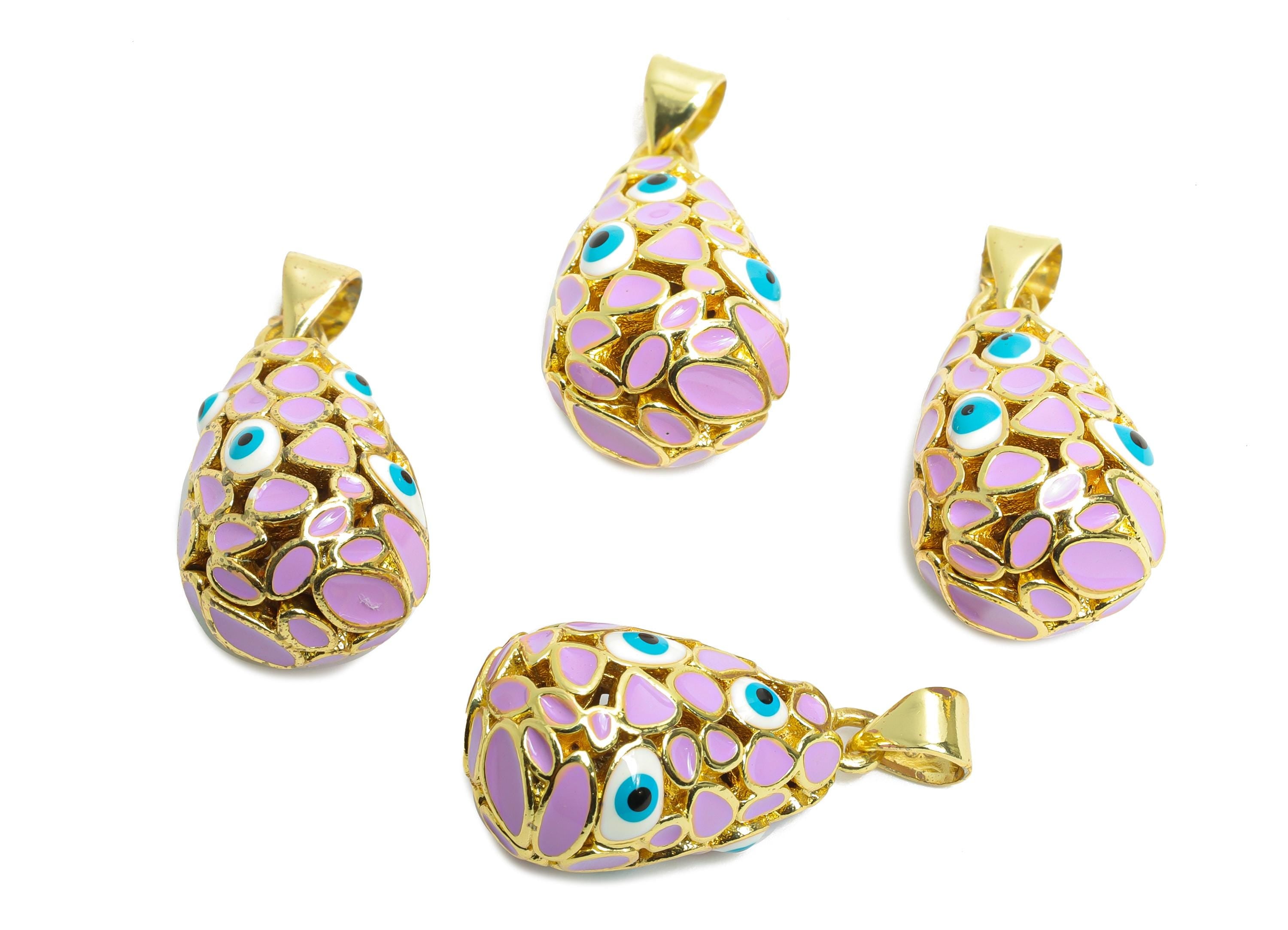 Brass Easter Eggs Pendant - Enamel CZ Hollow Evil Eye Necklace Pendant - Refined Gold Jewelry - 18K Gold Plated - 21.5x11.94x12mm - RGP9737 - DOMEDBAZAAR