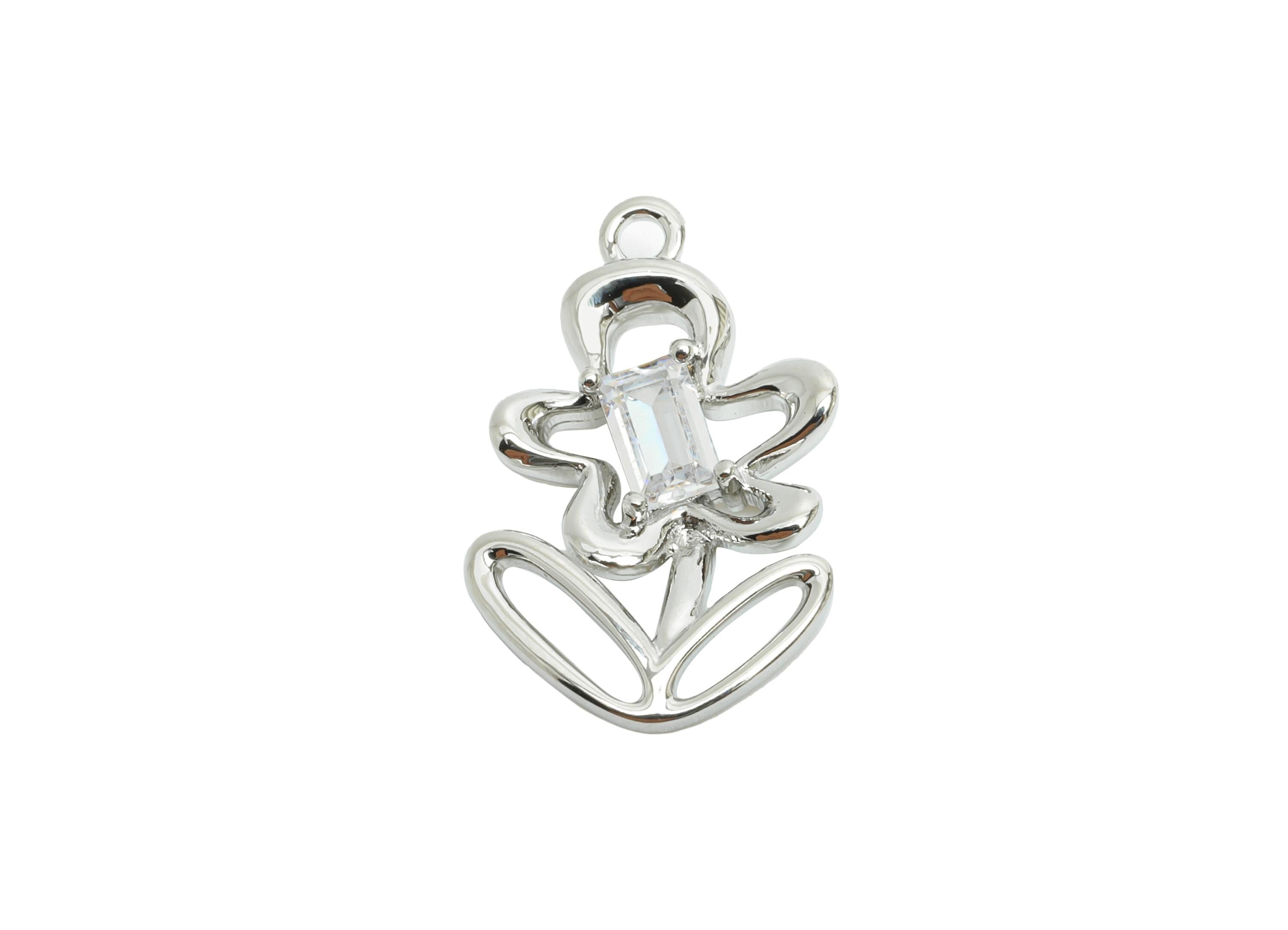 Brass Floral Charms - Silver Zircon Flower Botanical Charms - Refined Jewelry DIY - 18K Real White Gold Plated - 19x12x32.74mm - RGP9912S - DOMEDBAZAAR