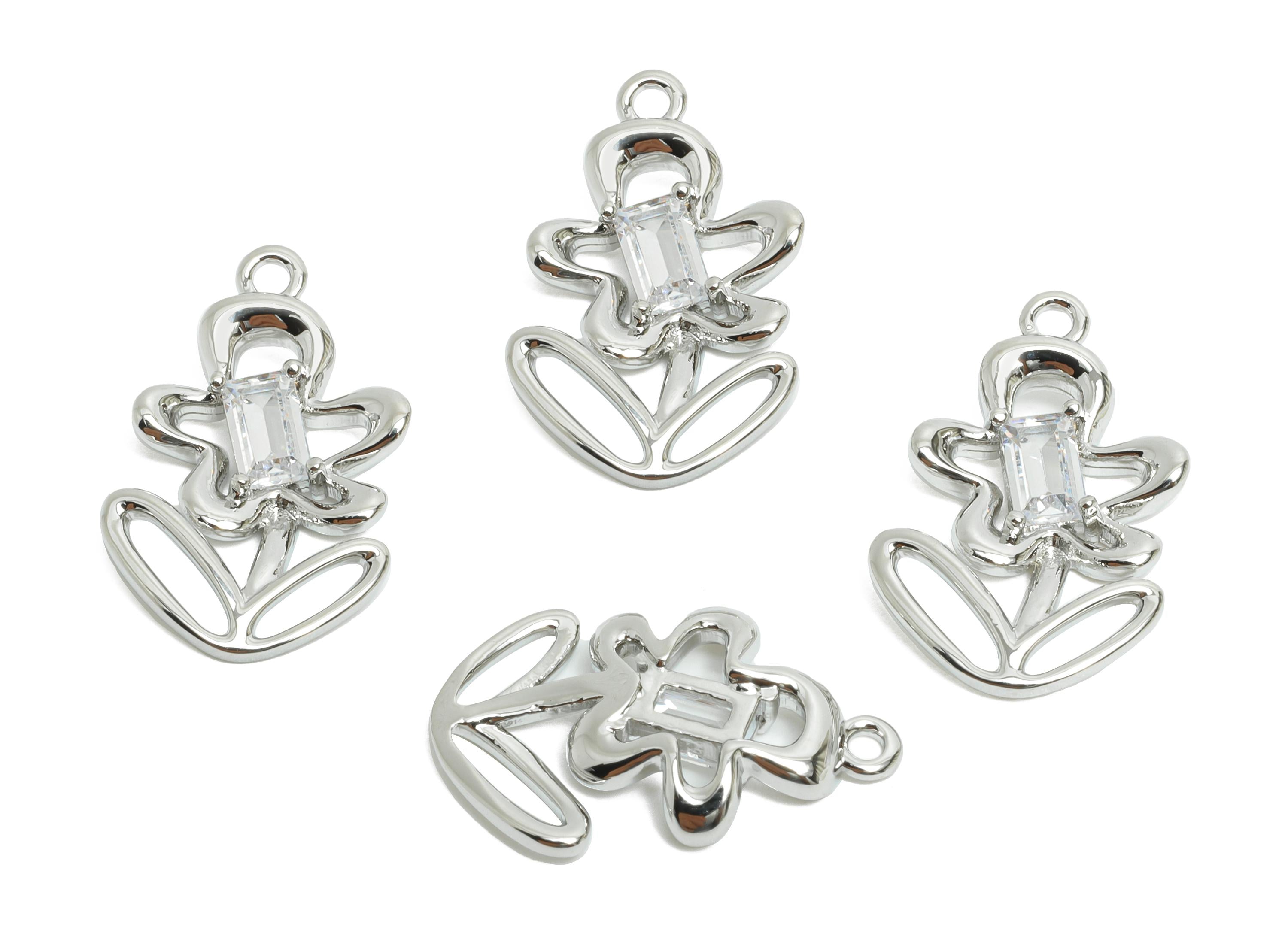 Brass Floral Charms - Silver Zircon Flower Botanical Charms - Refined Jewelry DIY - 18K Real White Gold Plated - 19x12x32.74mm - RGP9912S - DOMEDBAZAAR