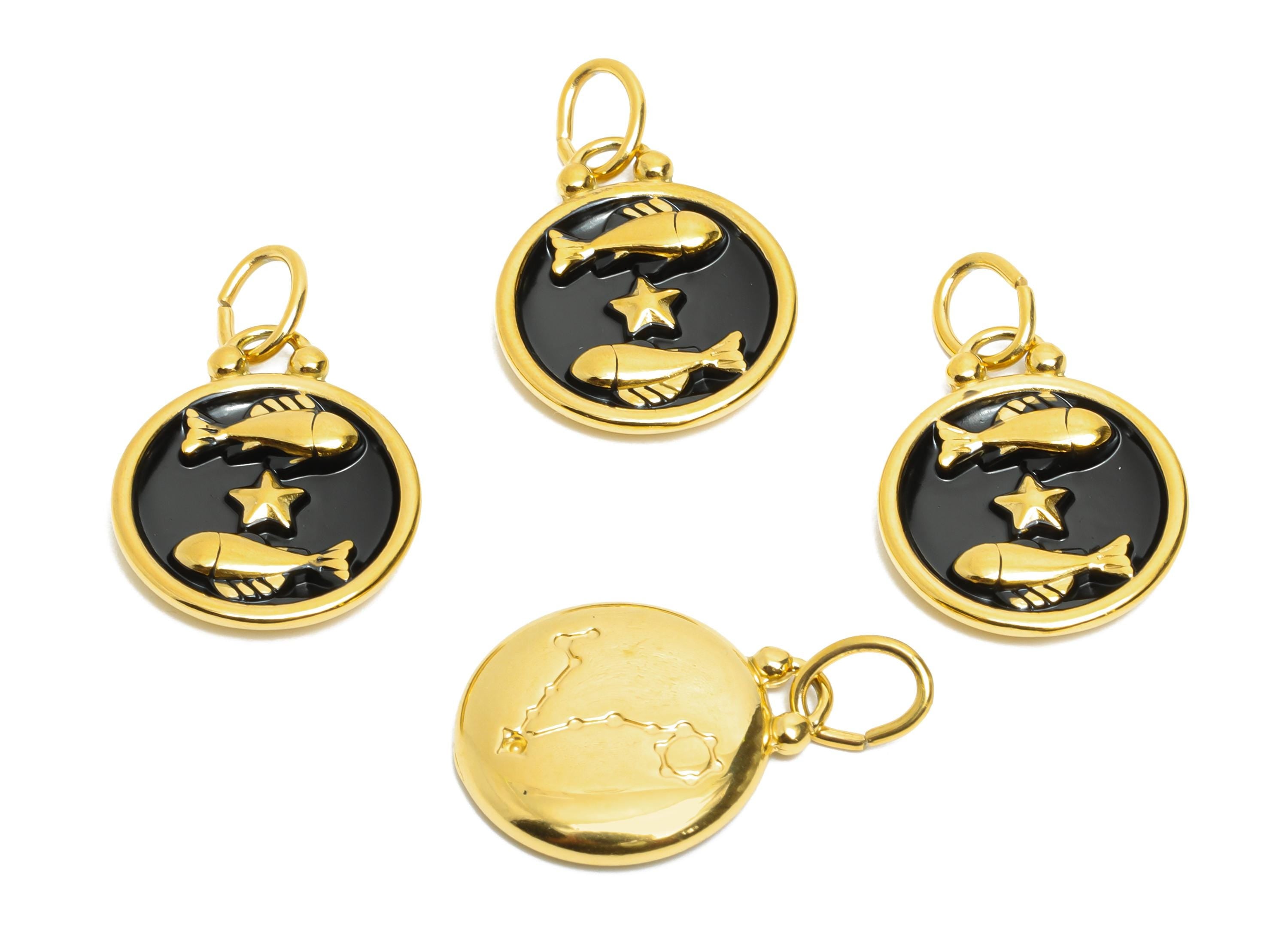 Pisces Zodiac Pendant - Enamel Stainless Steel Astrology Pendant - Gold Fish Star Horoscope Jewelry - Gold Plating - 20x16x2mm - SS1562G - DOMEDBAZAAR