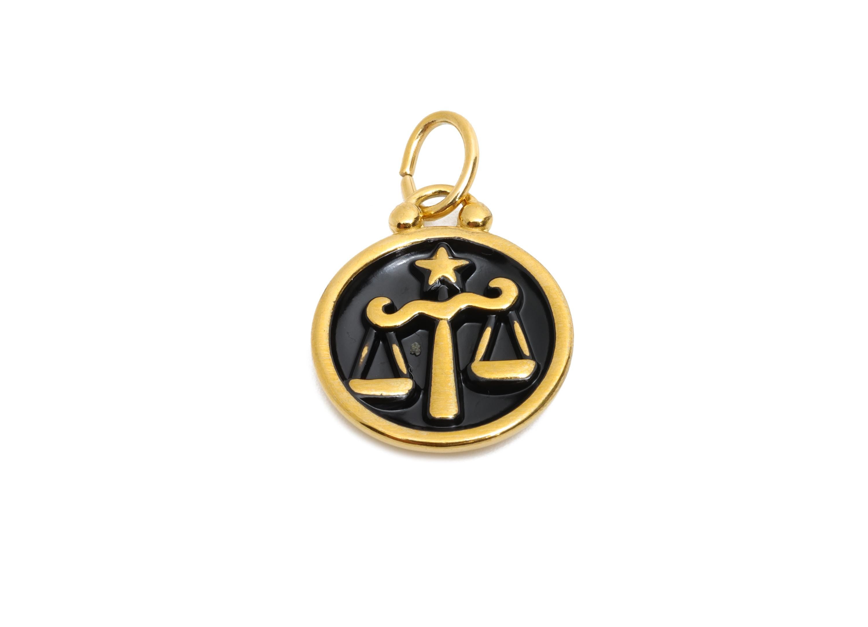 Libra Zodiac Pendant - Enamel Stainless Steel Horoscope Pendant - Gold Scales Star Design Pendant - Gold Plating - 20x16x2mm - SS1561G - DOMEDBAZAAR