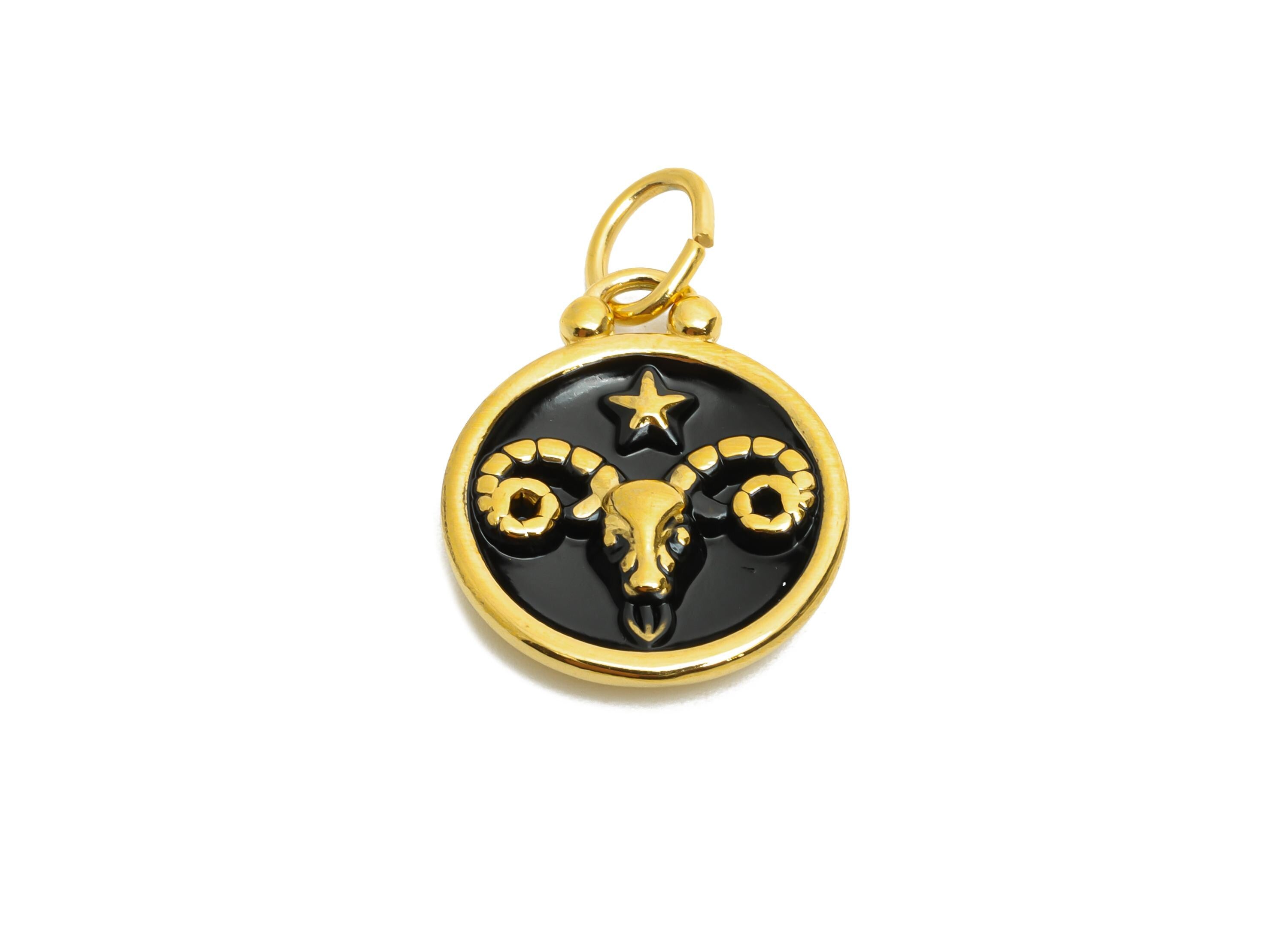 Aries Zodiac Pendant - Enamel Zodiac Charm - Stainless Steel Astrology Pendant - Modern Horoscope Jewelry - Gold Plating - 20x16x2mm-SS1563G - DOMEDBAZAAR