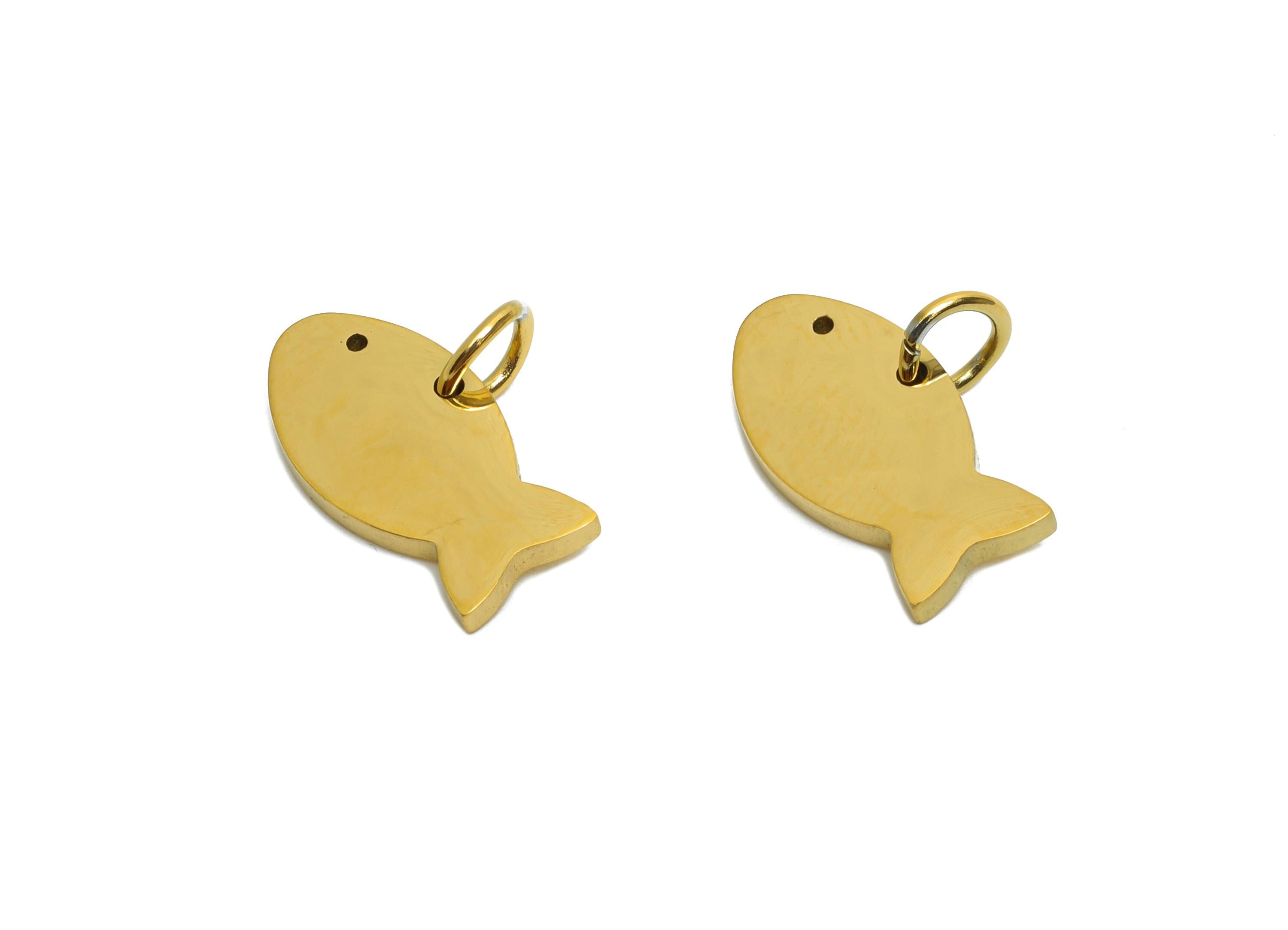 Steel Fish Earring Charm - Stainless Steel Marine Pendant - Minimalist Fish Pendant - Cute Fish Charm - Gold Lucky Fish - 14x7x1mm - SS1558G - DOMEDBAZAAR