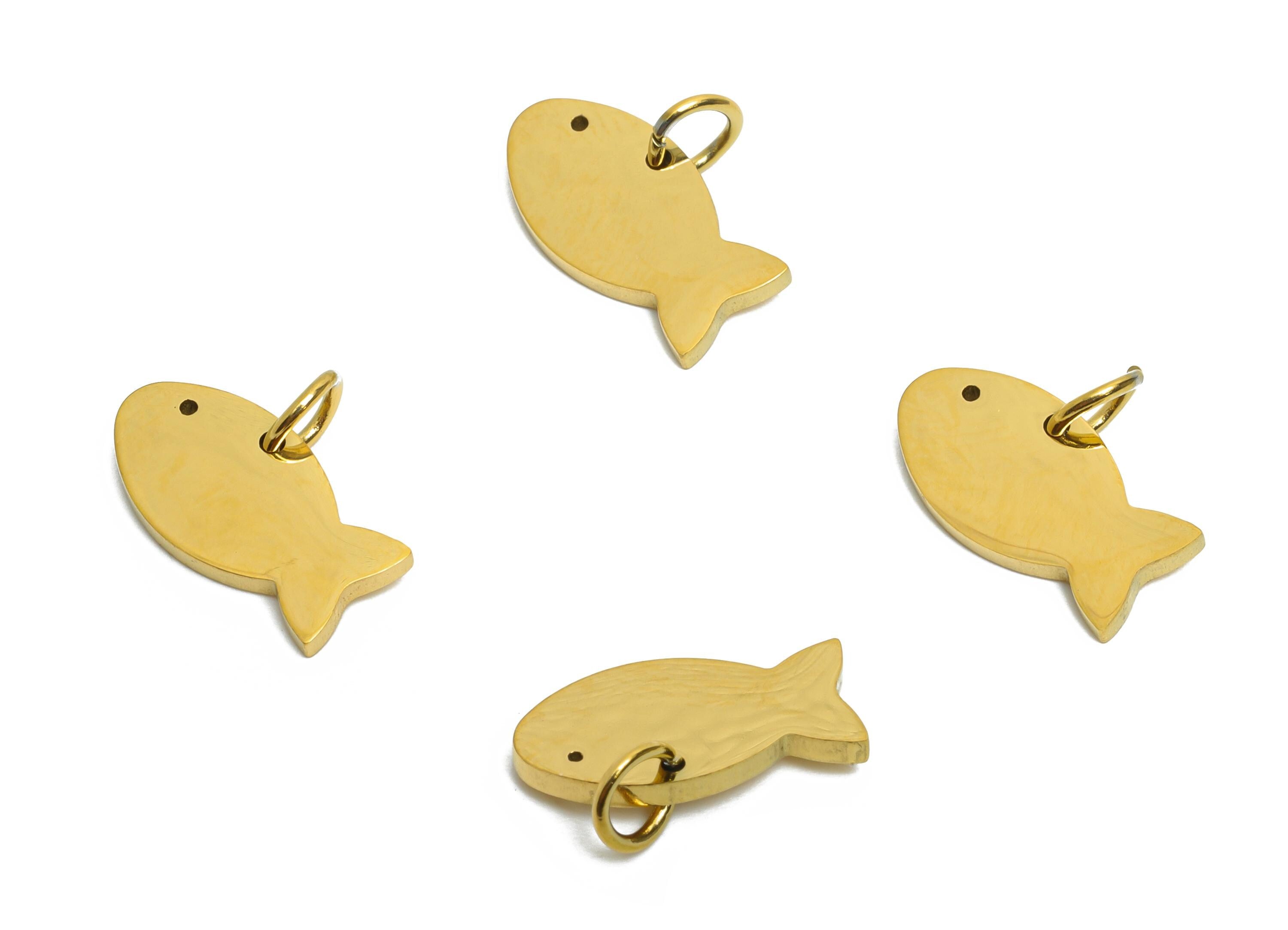 Steel Fish Earring Charm - Stainless Steel Marine Pendant - Minimalist Fish Pendant - Cute Fish Charm - Gold Lucky Fish - 14x7x1mm - SS1558G - DOMEDBAZAAR