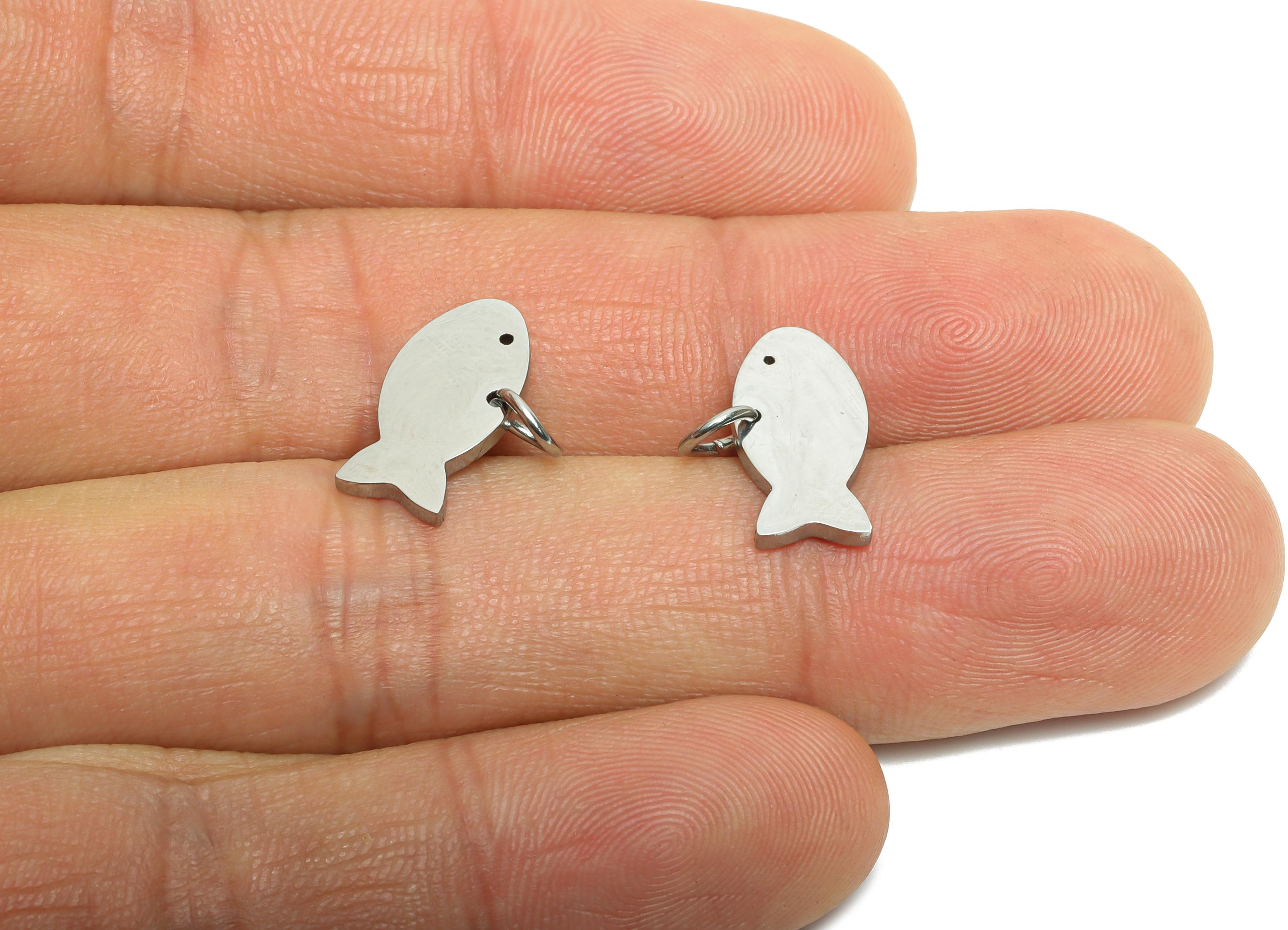Steel Fish Earring Charm - Stainless Steel Marine Pendant - Minimalist Fish Pendant - Cute Fish Charm - Steel Lucky Fish - 14x7x1mm -SS1558 - DOMEDBAZAAR