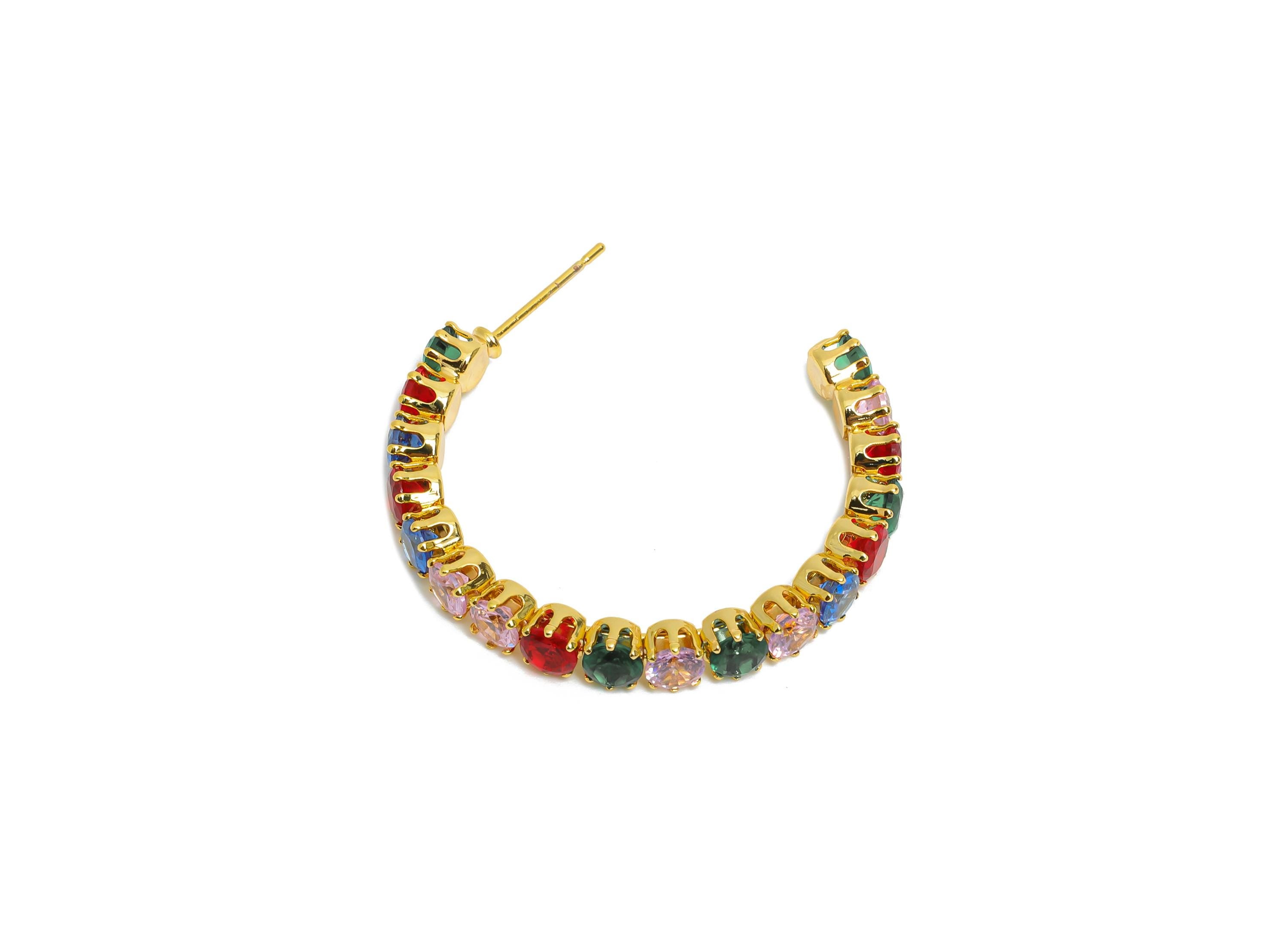 Sparkling C Hoop Post - Inlay Rainbow Round Glass Earring Stud - Gold Brass Open C Post - 18K Real Gold Plated - 34x28.37x4.72mm - RGP9941 - DOMEDBAZAAR