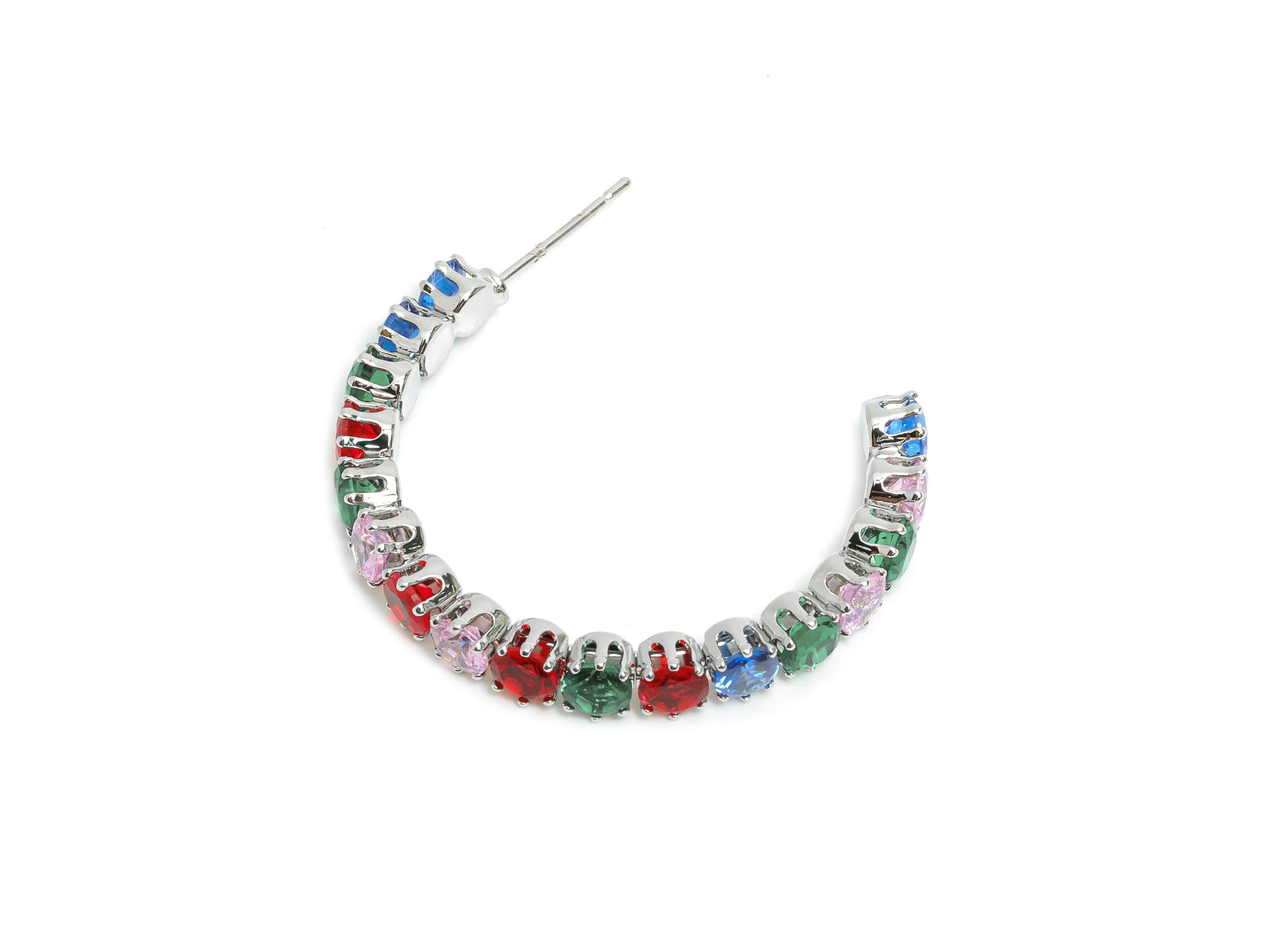 Sparkling C Hoop Post - Inlay Rainbow Round Glass Earring Stud - Silver Brass Open C Post - 18K White Gold Plated -34x28.37x4.72mm -RGP9941S - DOMEDBAZAAR