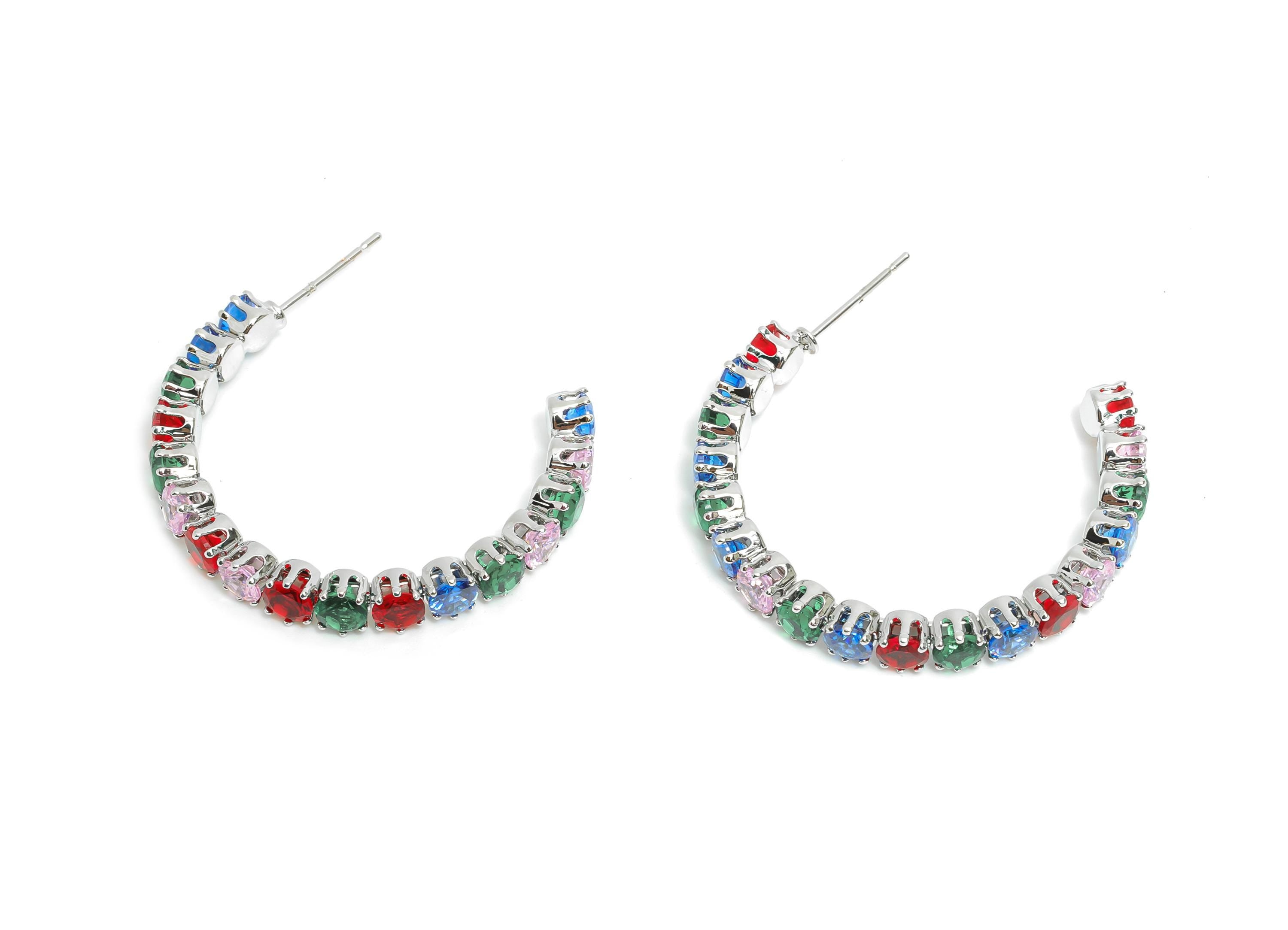 Sparkling C Hoop Post - Inlay Rainbow Round Glass Earring Stud - Silver Brass Open C Post - 18K White Gold Plated -34x28.37x4.72mm -RGP9941S - DOMEDBAZAAR