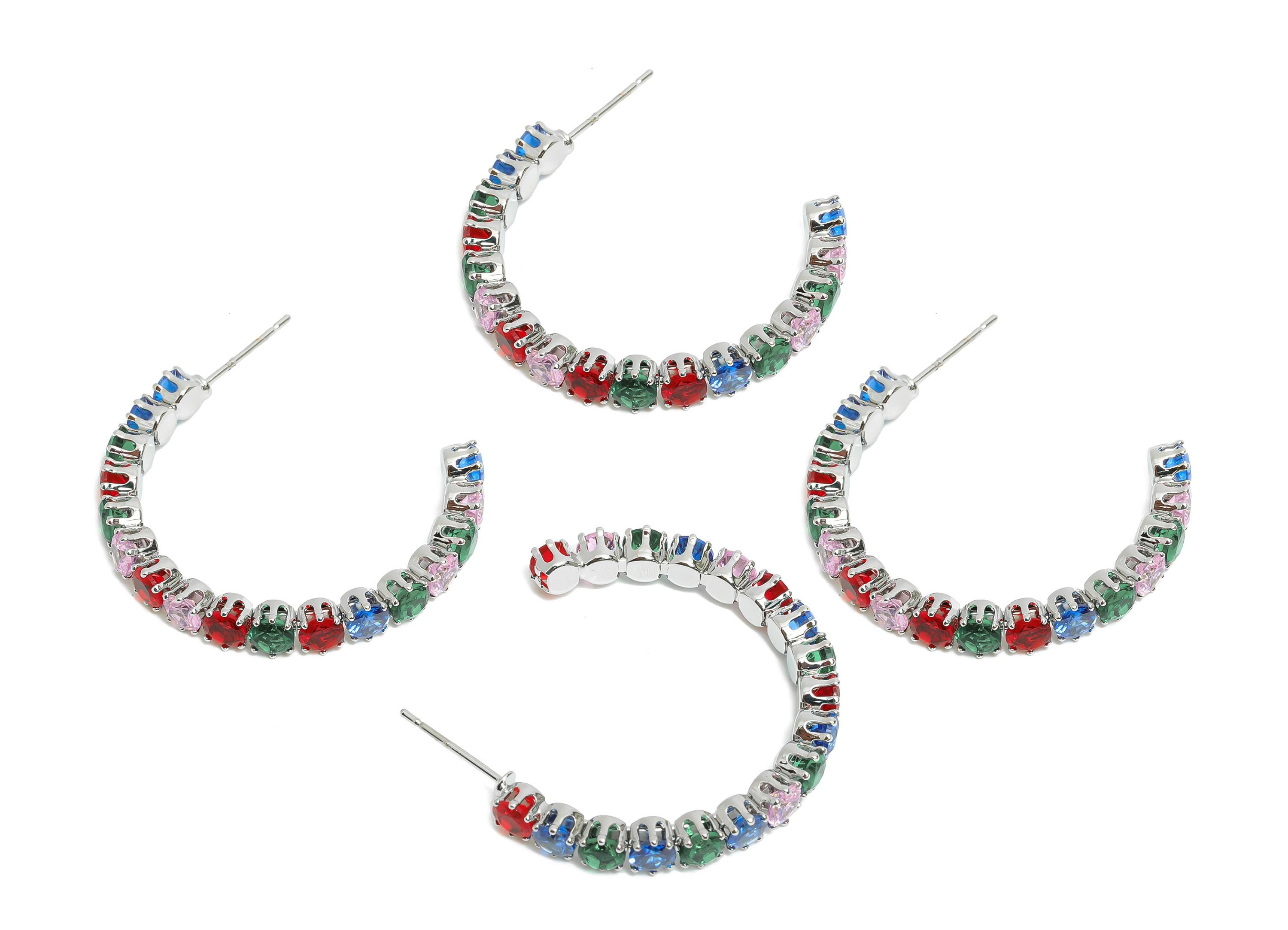 Sparkling C Hoop Post - Inlay Rainbow Round Glass Earring Stud - Silver Brass Open C Post - 18K White Gold Plated -34x28.37x4.72mm -RGP9941S - DOMEDBAZAAR