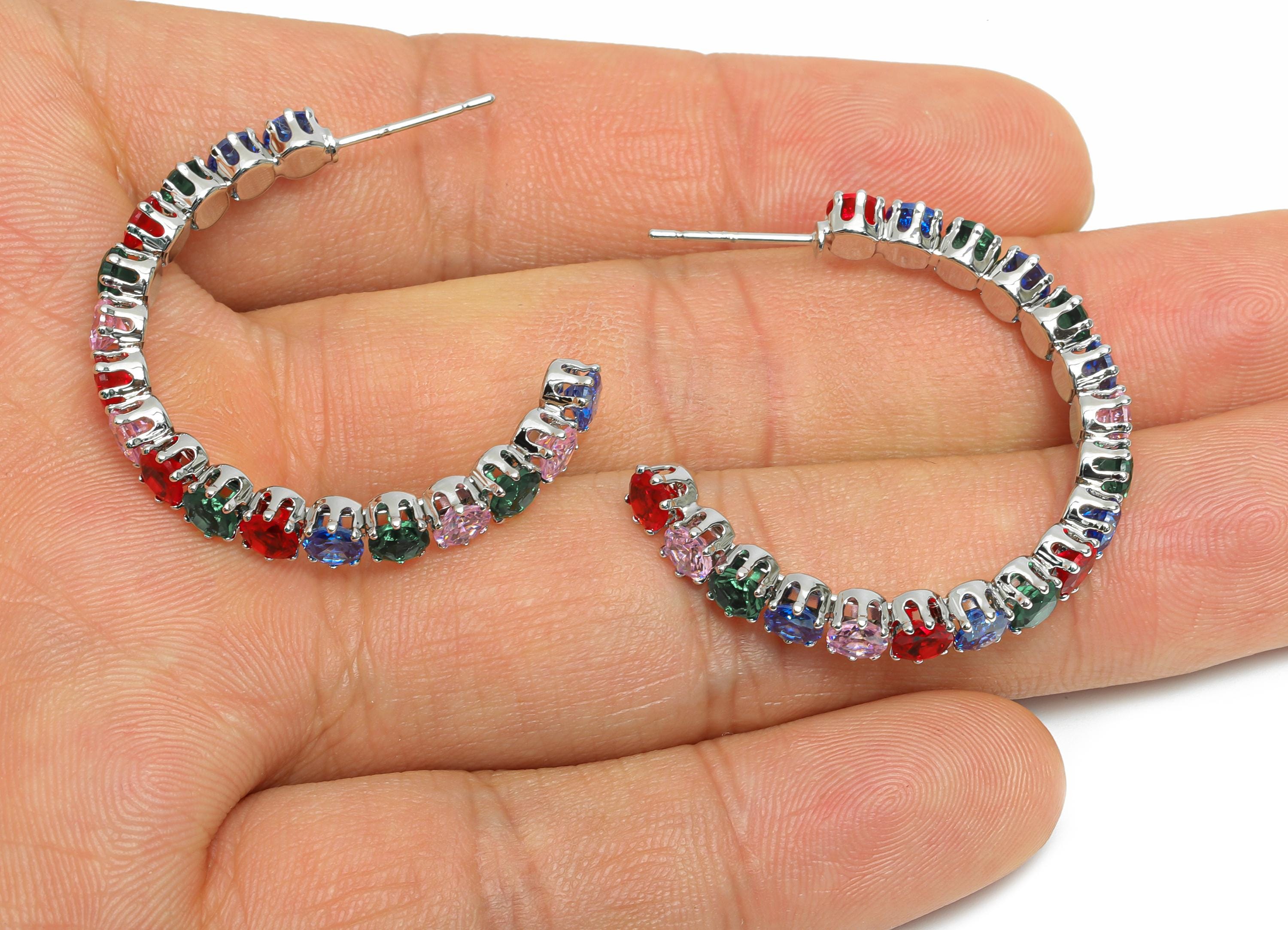 Sparkling C Hoop Post - Inlay Rainbow Round Glass Earring Stud - Silver Brass Open C Post - 18K White Gold Plated -34x28.37x4.72mm -RGP9941S - DOMEDBAZAAR