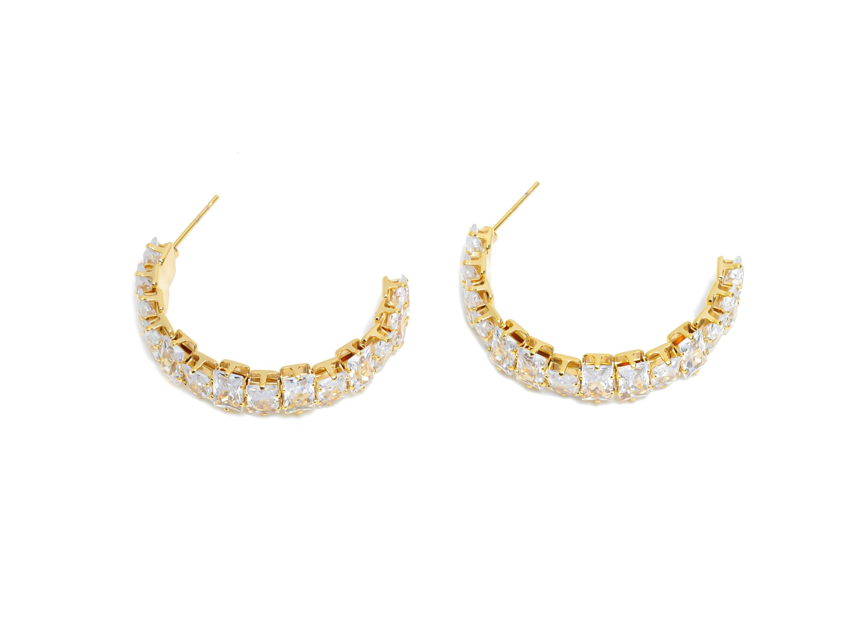 Sparkling C Hoop Post - Inlay Rectangle Glass Earring Stud - Refined Gold Brass Open C Post - 18K Real Gold Plated Brass- 35x23x7mm -RGP9950 - DOMEDBAZAAR