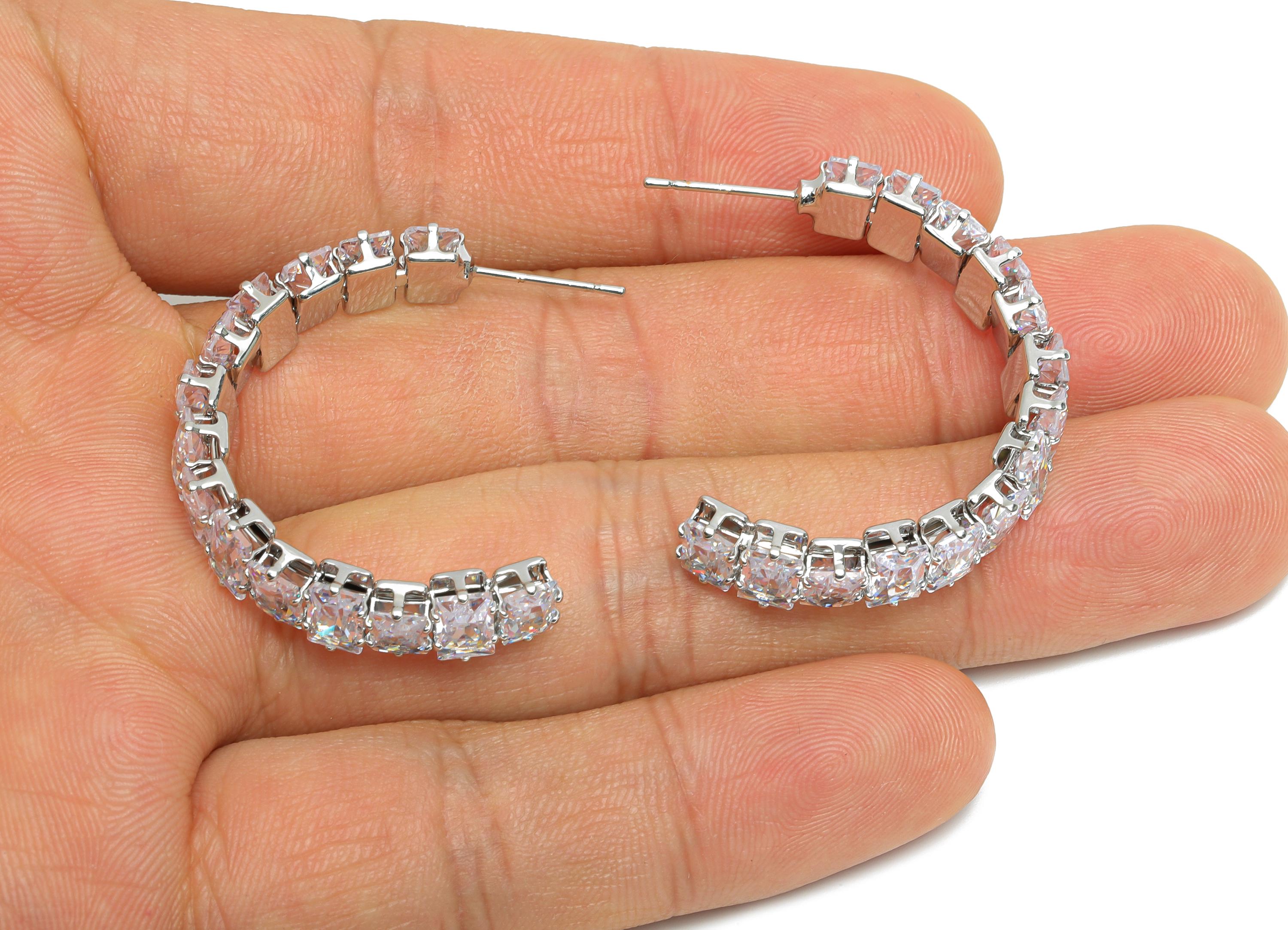 Sparkling C Hoop Post - Inlay Rectangle Glass Earring Stud - Refined Silver Brass Open C Post - 18K White Gold Plated - 35x23x7mm - RGP9950S - DOMEDBAZAAR
