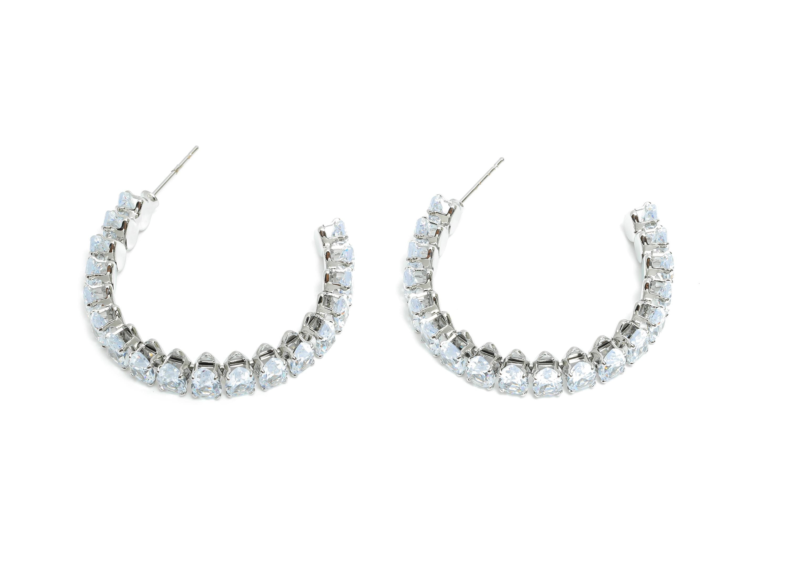 Sparkling C Hoop Post - Inlay Drop Glass Earring Stud - Refined Silver Brass Open C Post - 18K Real White Gold Plated -35x30x6.1mm -RGP9952S - DOMEDBAZAAR