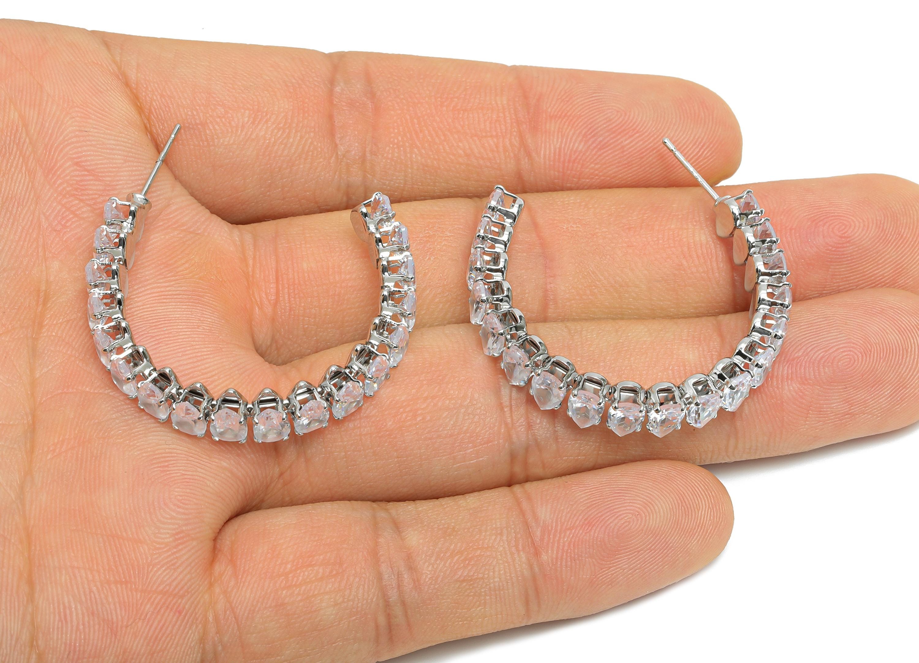 Sparkling C Hoop Post - Inlay Drop Glass Earring Stud - Refined Silver Brass Open C Post - 18K Real White Gold Plated -35x30x6.1mm -RGP9952S - DOMEDBAZAAR