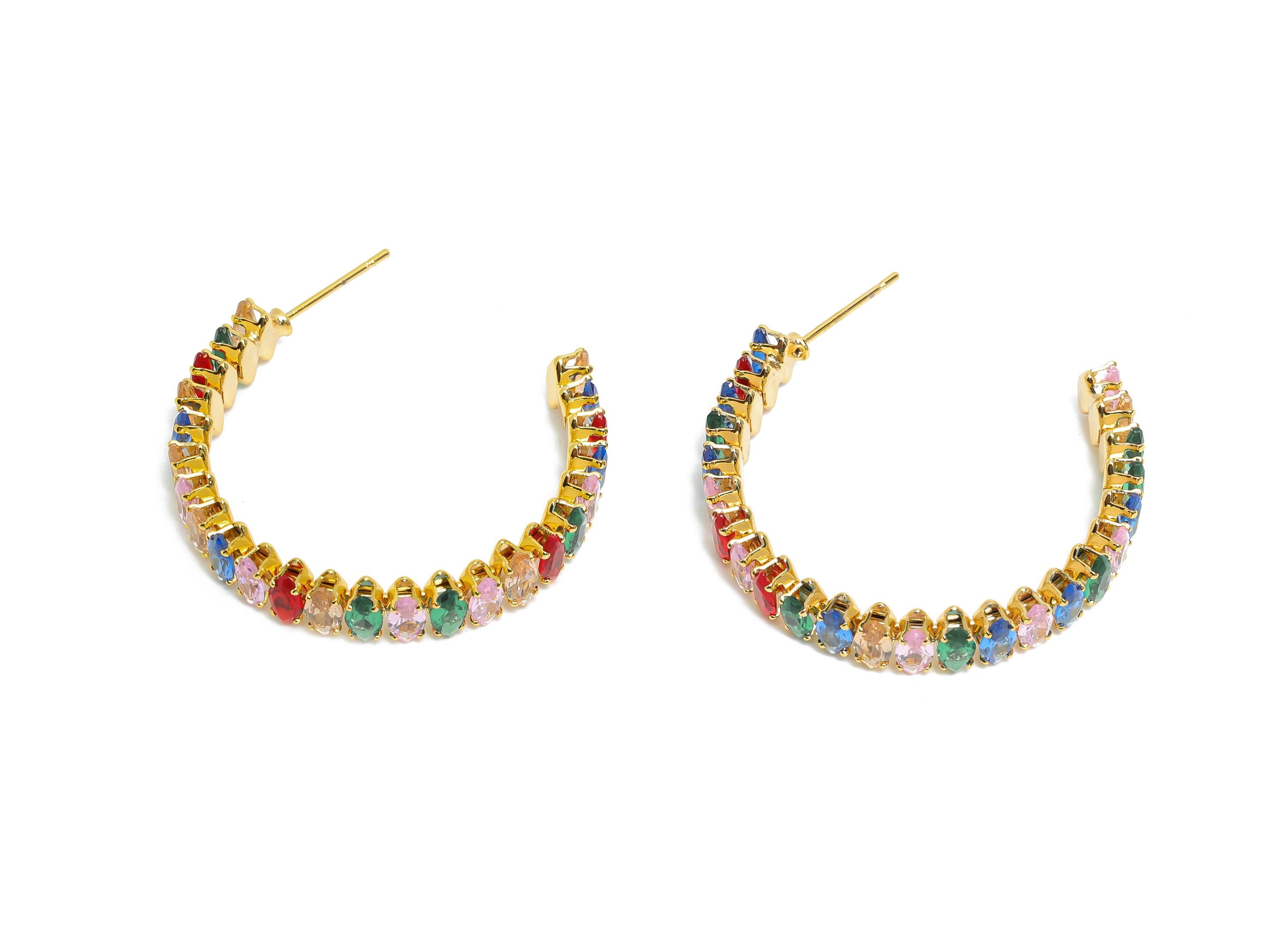 Sparkling C Hoop Post - Inlay Rainbow Marquise Glass Earring Stud - Gold Brass Open C Post - 18K Real Gold Plated - 33.6x28x6mm - RGP9944 - DOMEDBAZAAR