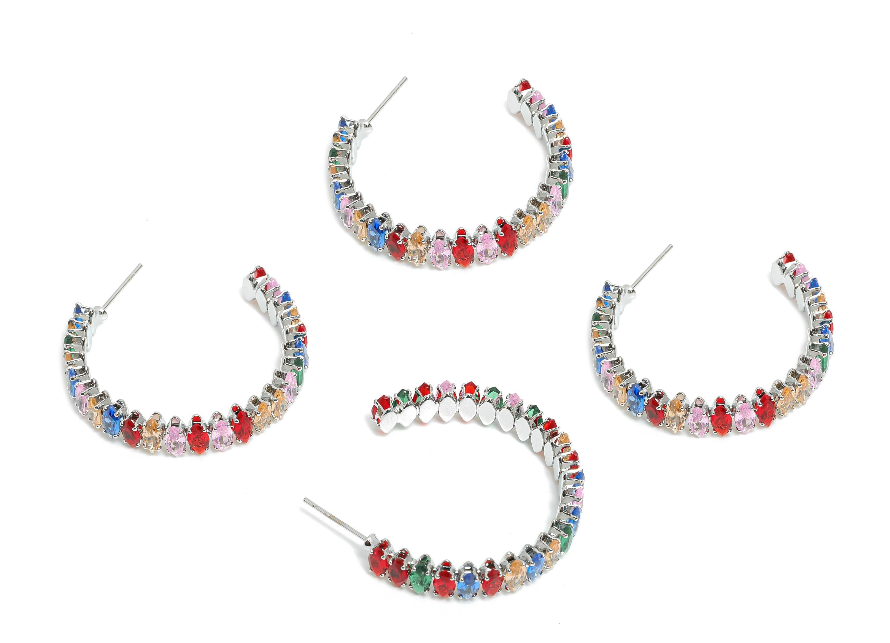 Sparkling C Hoop Post - Inlay Rainbow Marquise Glass Earring Stud - Silver Brass Open C Post - 18K White Gold Plated - 33.6x28x6mm -RGP9944S - DOMEDBAZAAR