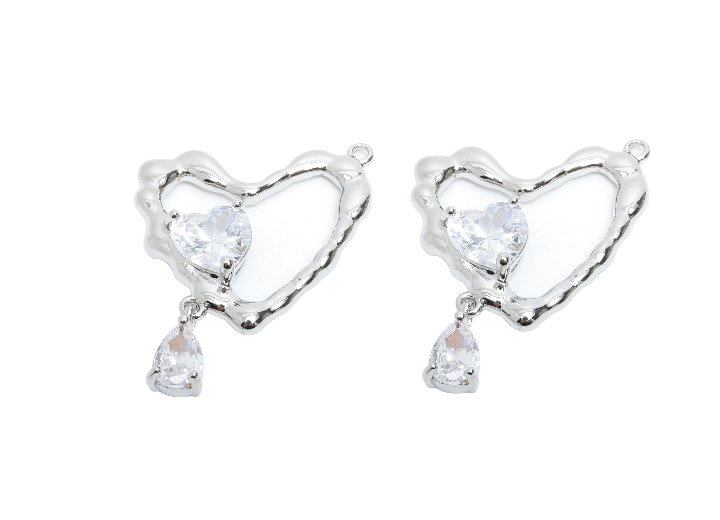 Brass Dangle Heart Pendant - Sparkling Zircon Double Heart Charm - Textured Heart Jewelry - 18K White Gold Plated -23.6x22x5.55mm - RGP9906S - DOMEDBAZAAR