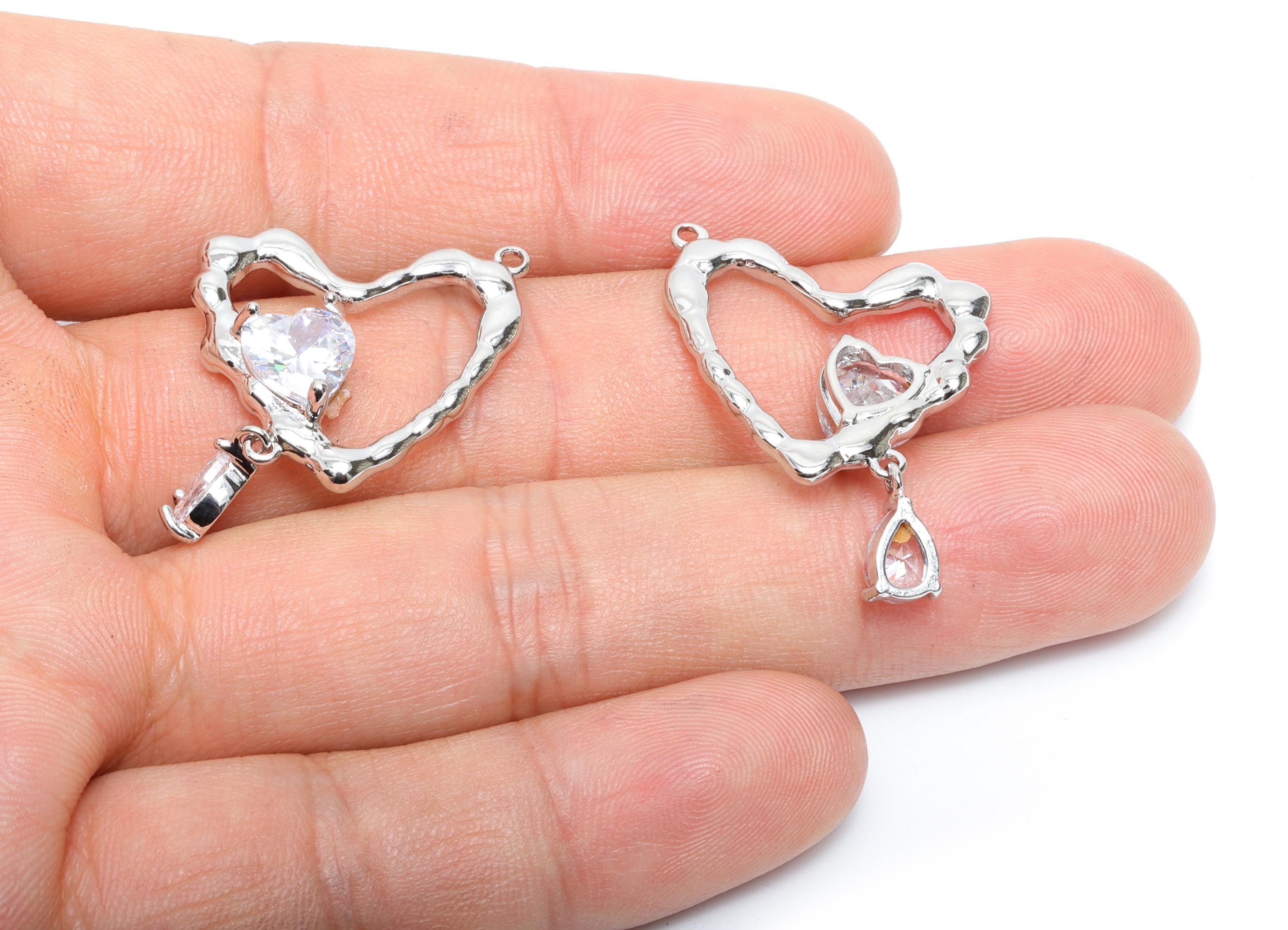 Brass Dangle Heart Pendant - Sparkling Zircon Double Heart Charm - Textured Heart Jewelry - 18K White Gold Plated -23.6x22x5.55mm - RGP9906S - DOMEDBAZAAR