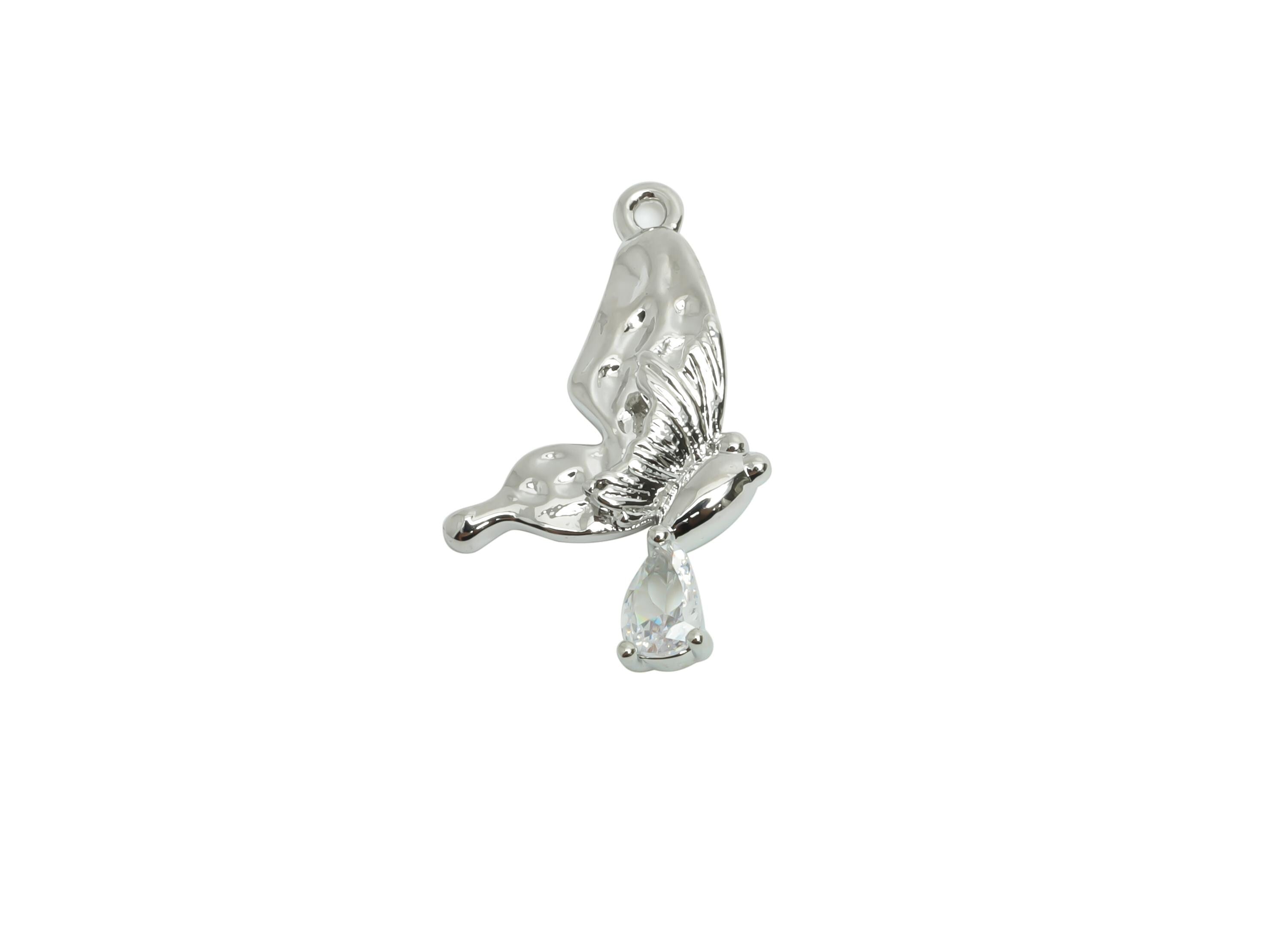 Brass CZ Butterfly Pendant - Silver Zircon Teardrop Earring Charm - Sparkling Butterfly Charm -18K White Gold Plated -22x11.9x3.3mm-RGP9923S - DOMEDBAZAAR