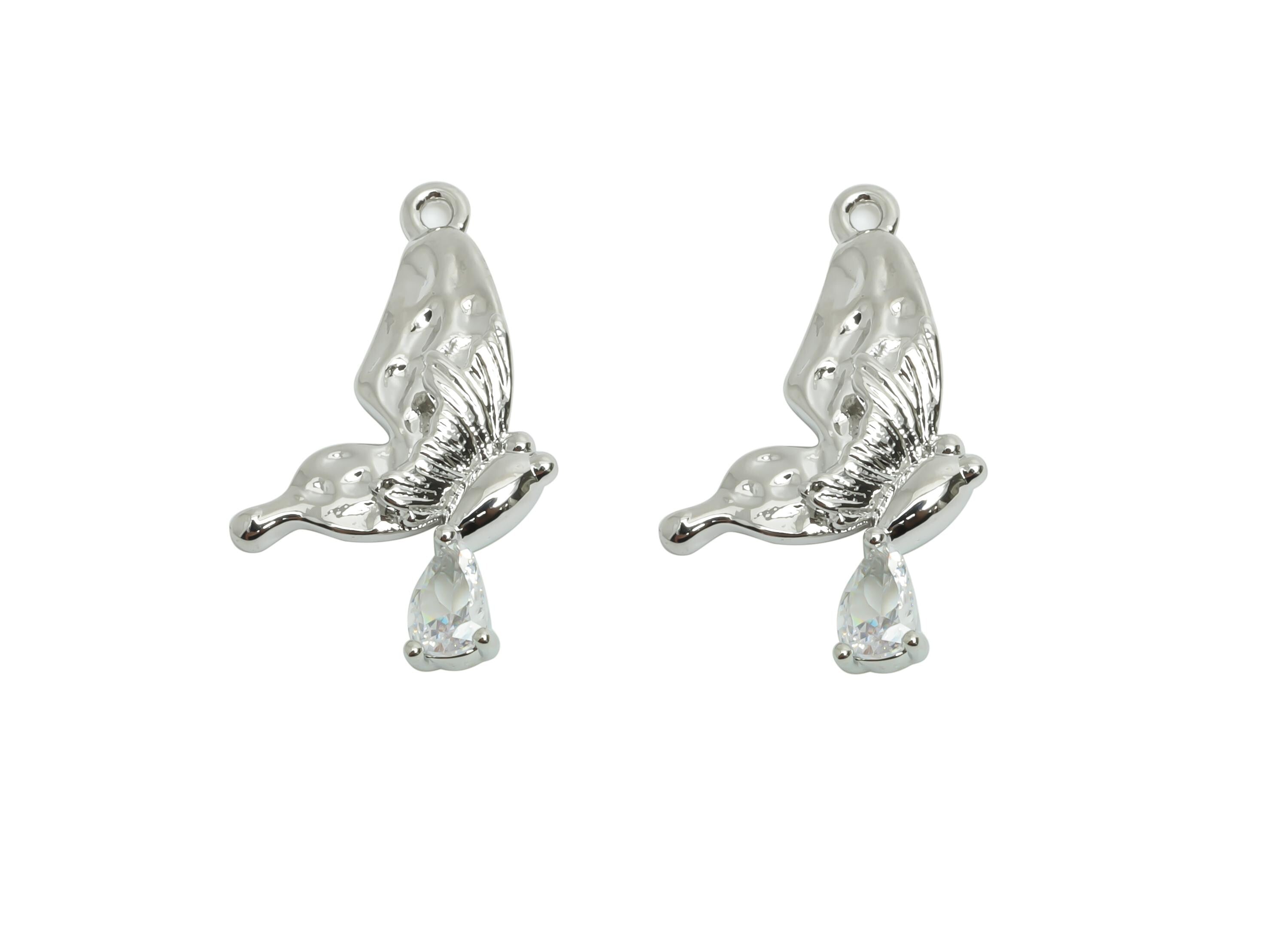 Brass CZ Butterfly Pendant - Silver Zircon Teardrop Earring Charm - Sparkling Butterfly Charm -18K White Gold Plated -22x11.9x3.3mm-RGP9923S - DOMEDBAZAAR