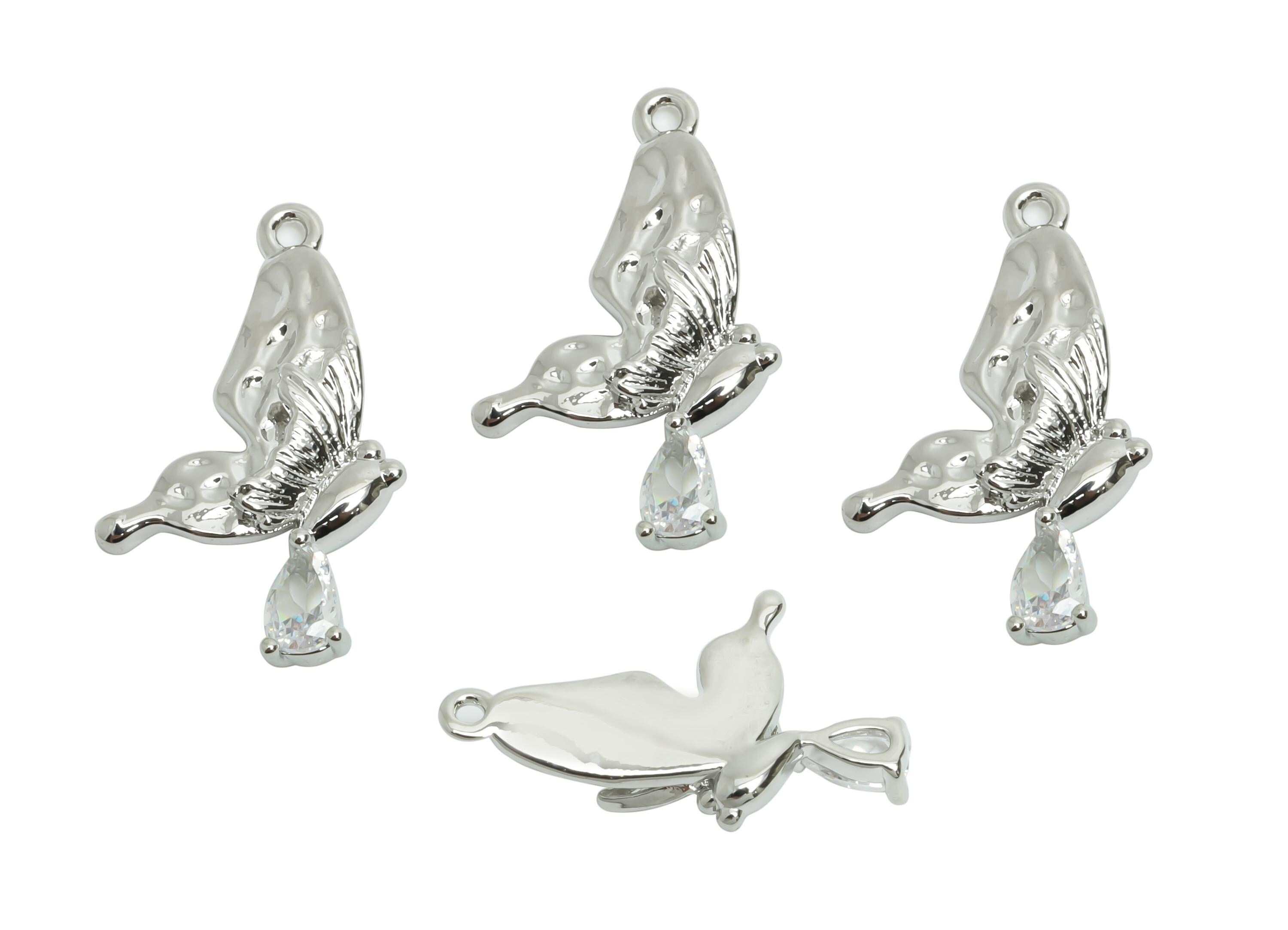 Brass CZ Butterfly Pendant - Silver Zircon Teardrop Earring Charm - Sparkling Butterfly Charm -18K White Gold Plated -22x11.9x3.3mm-RGP9923S - DOMEDBAZAAR