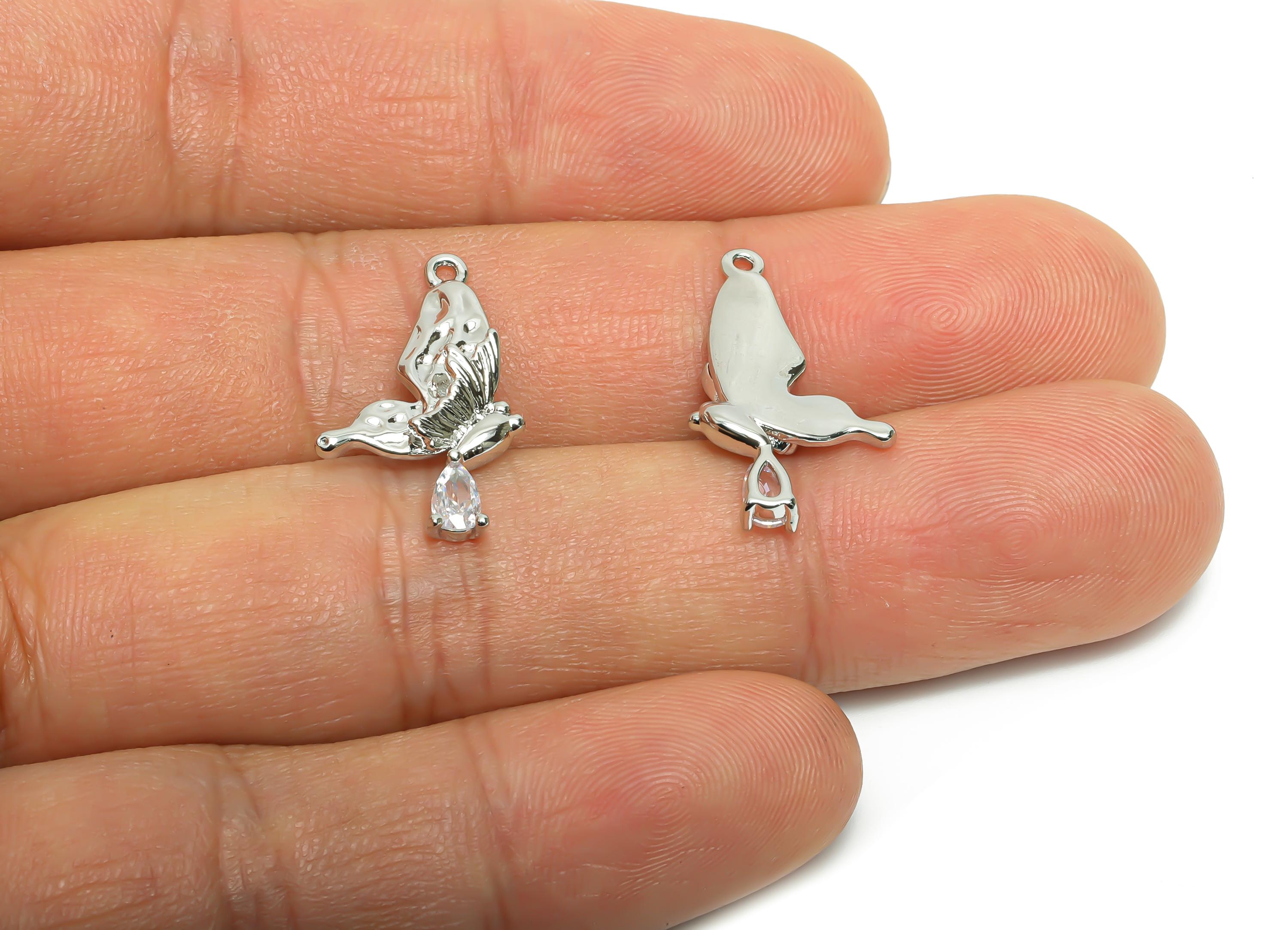 Brass CZ Butterfly Pendant - Silver Zircon Teardrop Earring Charm - Sparkling Butterfly Charm -18K White Gold Plated -22x11.9x3.3mm-RGP9923S - DOMEDBAZAAR