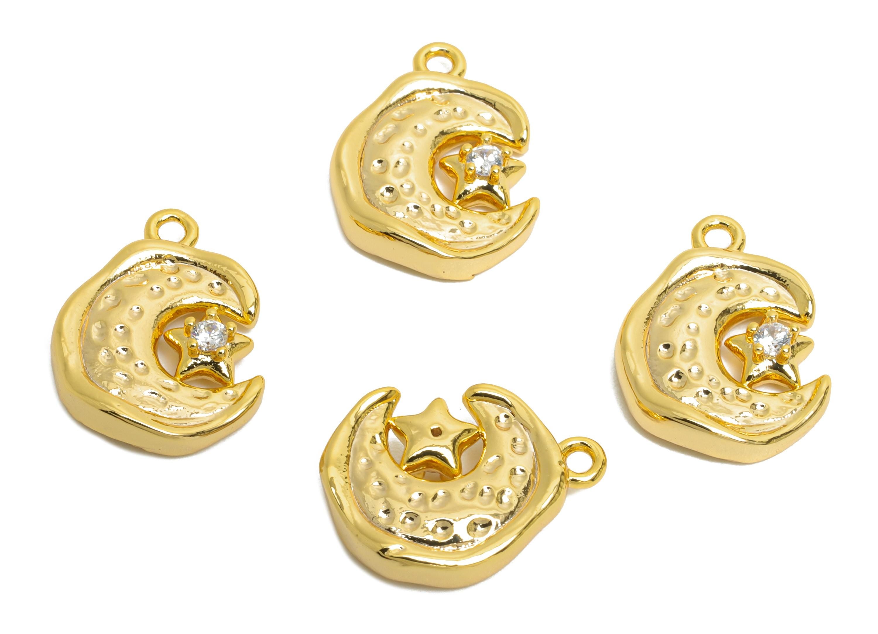 Brass Crescent Pendant - Sparkling Zircon Moon Star Charm - Textured Hammered Jewelry - 18K Real Gold Plated Brass - 15.58x12x3.2mm -RGP9922 - DOMEDBAZAAR