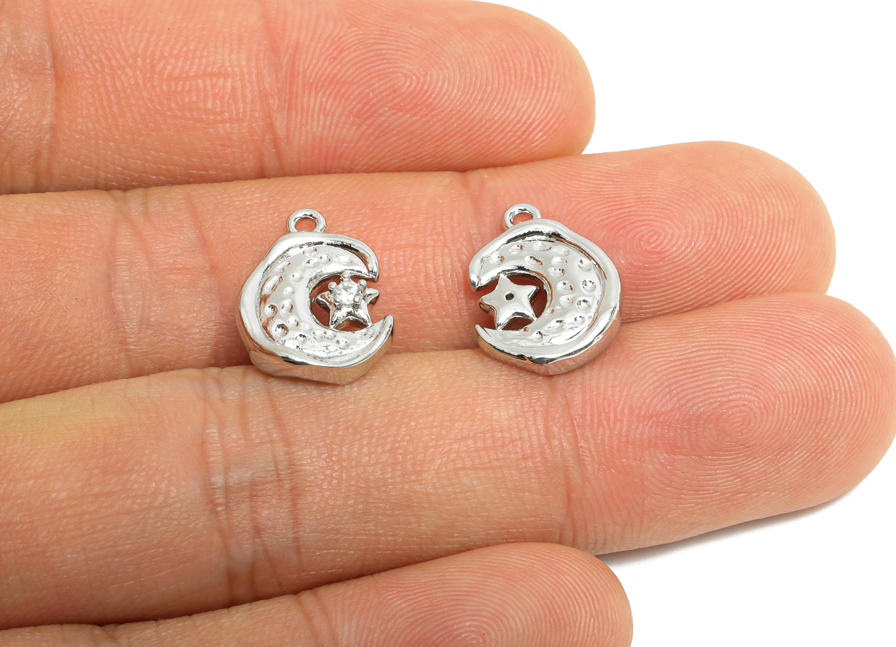 Brass Crescent Pendant - Sparkling Zircon Moon Star Charm - Textured Hammered Jewelry - 18K Real White Gold Plated - 15.58x12x3.2mm-RGP9922S - DOMEDBAZAAR