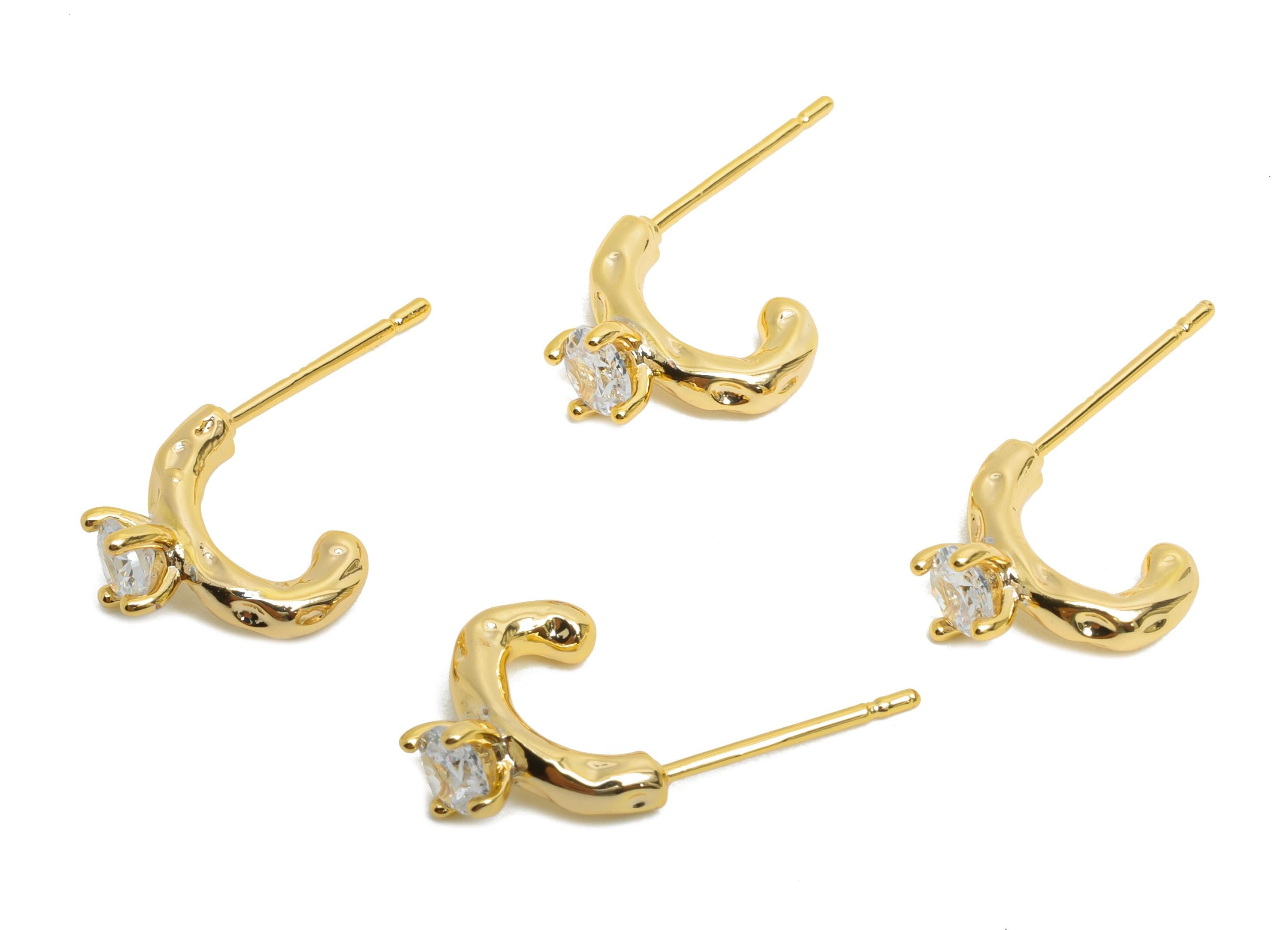 Brass C Hoop Stud Earrings - Textured Arc CZ Earring Post - Gold Curved C Hoop Post for Women - 18K Real Gold Plated - 11x10x5mm - RGP9916 - DOMEDBAZAAR