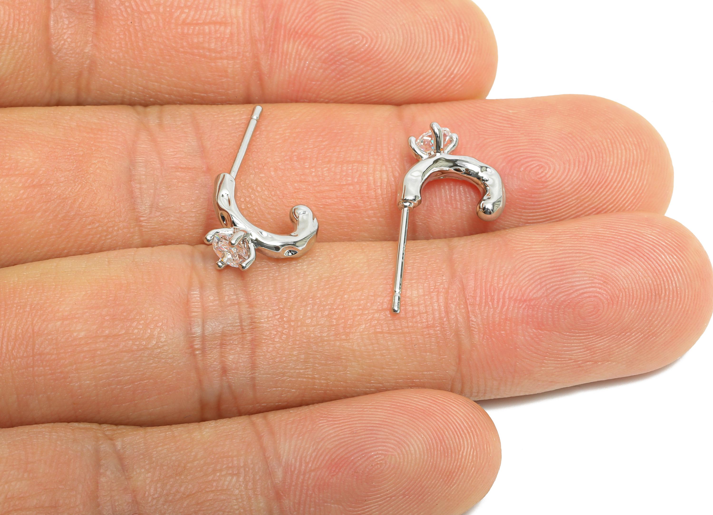 Brass C Hoop Stud Earring - Textured Arc CZ Earring Post - Silver Curved C Hoop Post for Women - 18K White Gold Plated - 11x10x5mm -RGP9916S - DOMEDBAZAAR