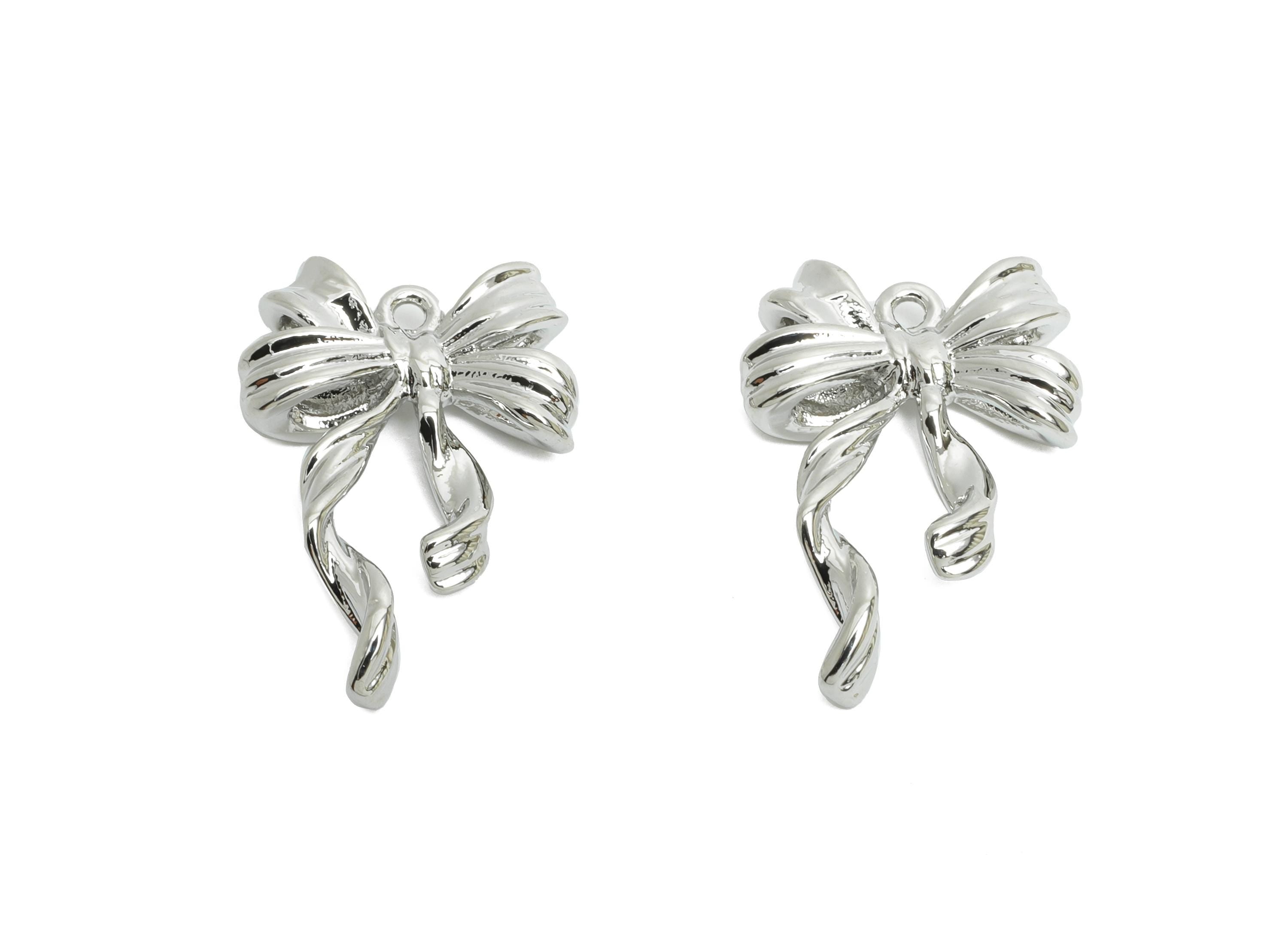 Brass Bowtie Earring Charm - Dainty Silver Bowtie Pendant for Necklace - Refined Jewelry - 18K White Gold Plated -19.7x13.6x3.7mm -RGP9905S - DOMEDBAZAAR