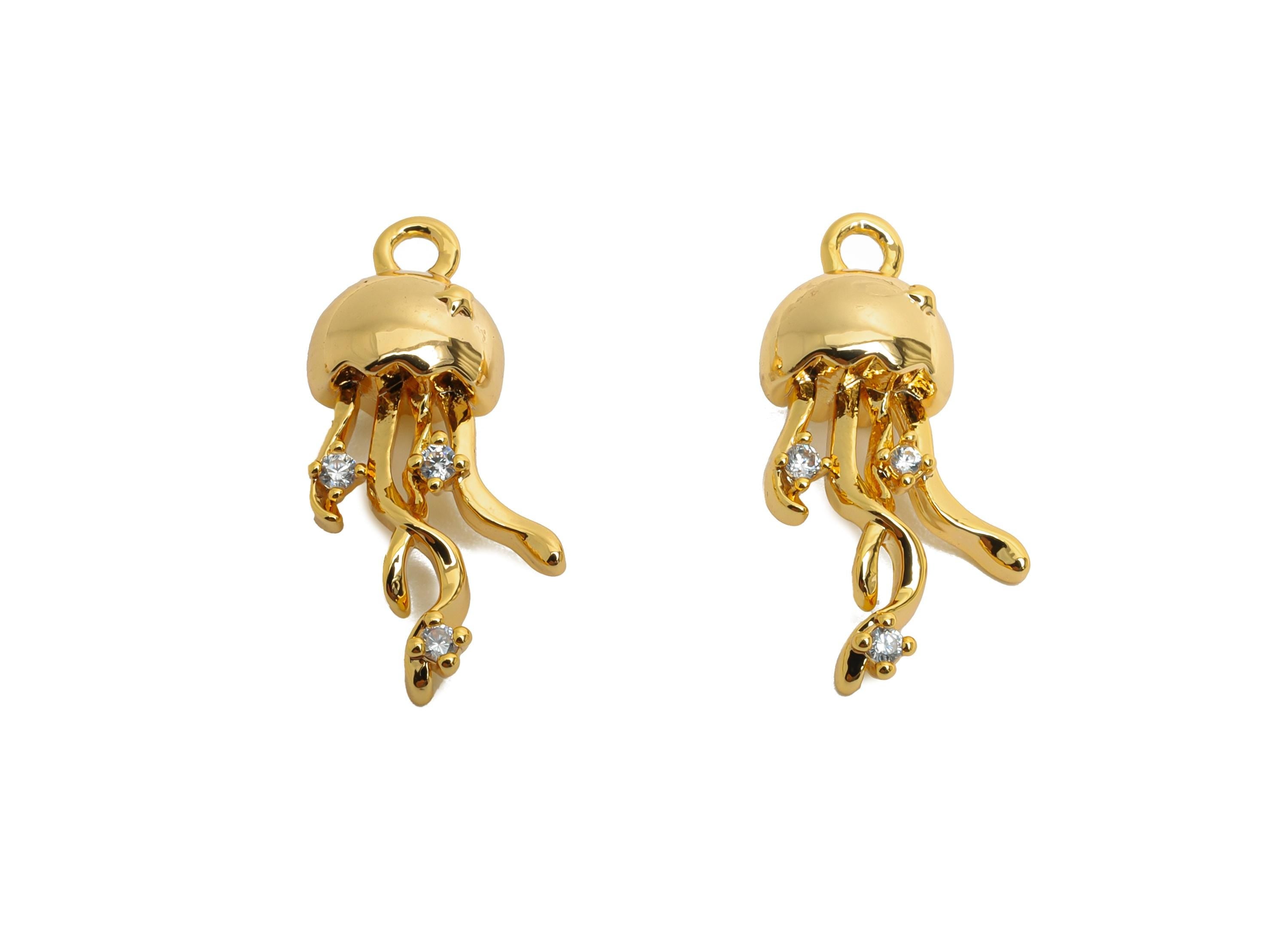 Brass Jellyfish Earring Charm - Gold CZ Jellyfish Pendant for Necklace - Refined Marine Jewelry - 18K Real Gold Plated - 17.5x8x6mm -RGP9925 - DOMEDBAZAAR
