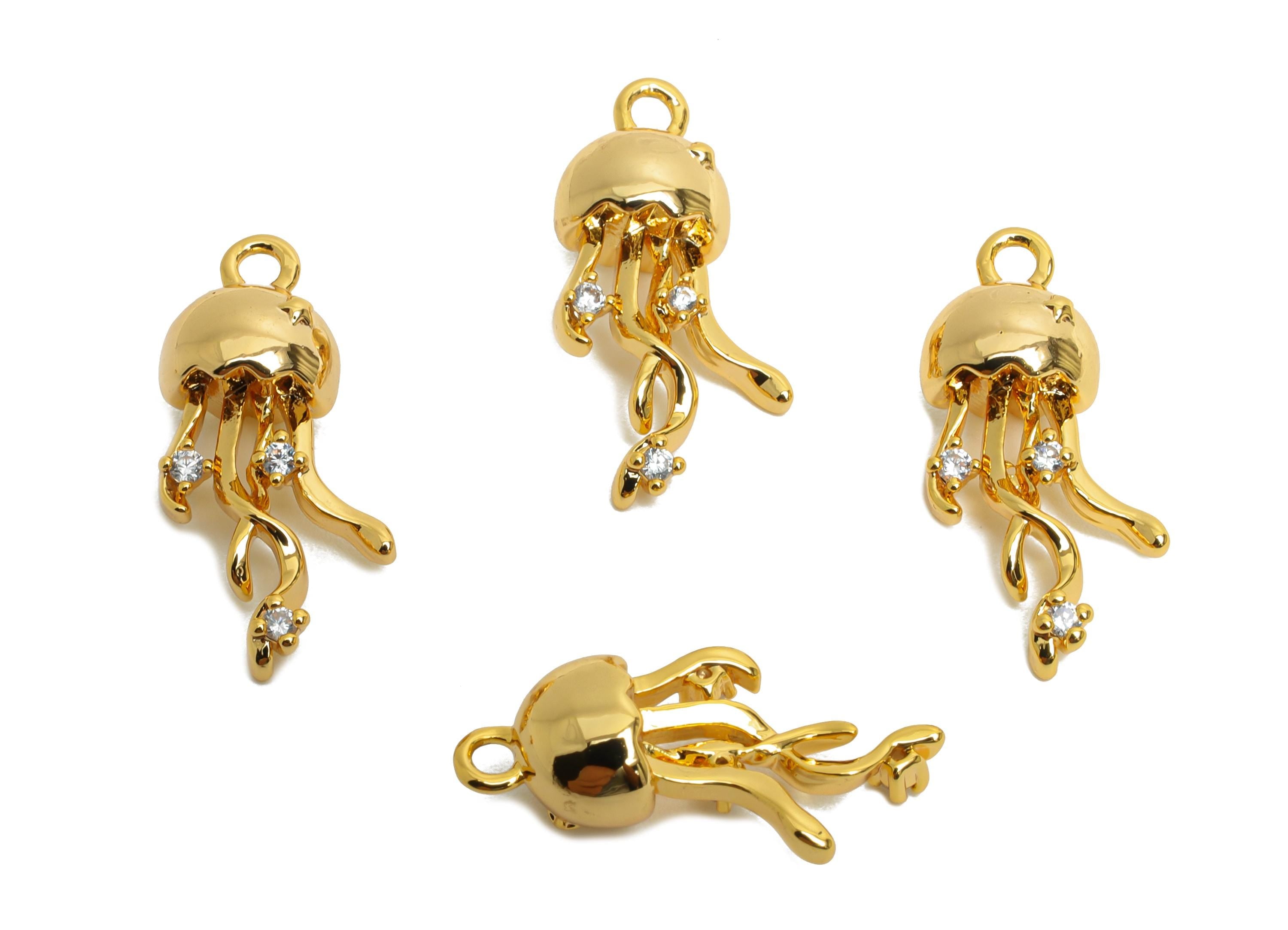 Brass Jellyfish Earring Charm - Gold CZ Jellyfish Pendant for Necklace - Refined Marine Jewelry - 18K Real Gold Plated - 17.5x8x6mm -RGP9925 - DOMEDBAZAAR