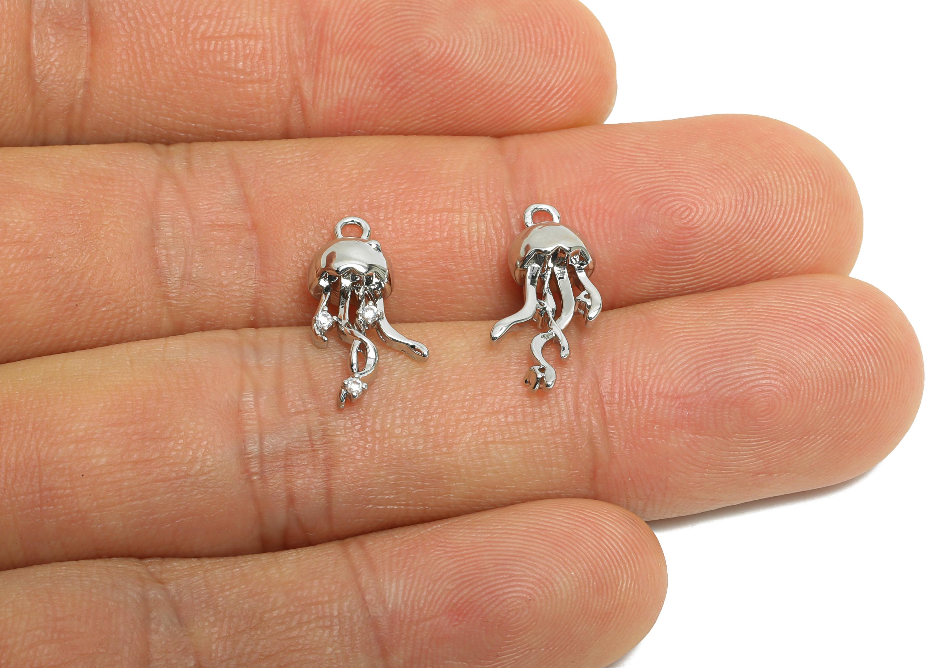 Brass Jellyfish Earring Charm - Silver CZ Jellyfish Pendant for Necklace - Refined Marine Jewelry -18K White Gold Plated-17.5x8x6mm-RGP9925S - DOMEDBAZAAR