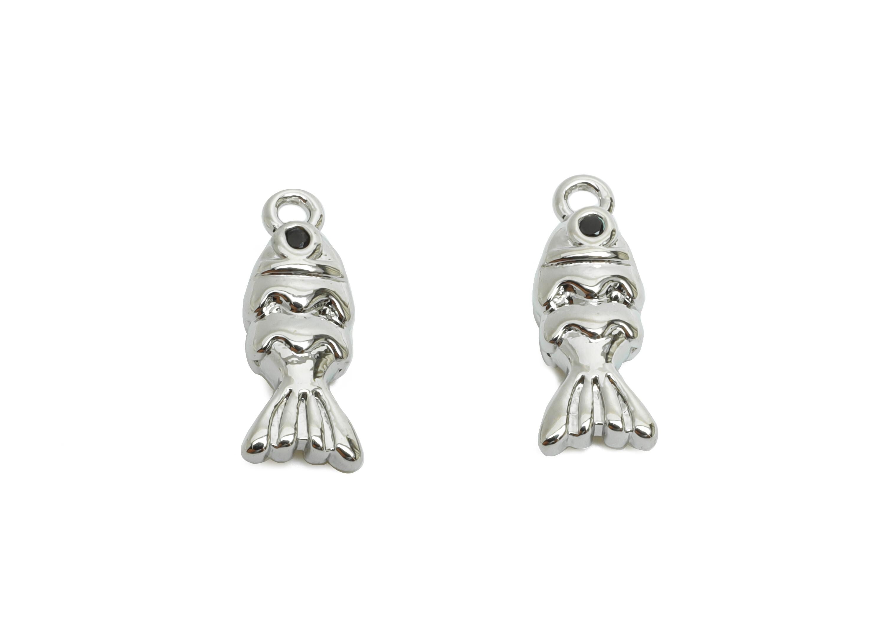 Brass Fish Earring Charm - Mini Goldfish Charm for Bracelet - Refined Marine Jewelry DIY - 18K White Gold Plated - 13.6x5.13x3.54mm-RGP9938S - DOMEDBAZAAR