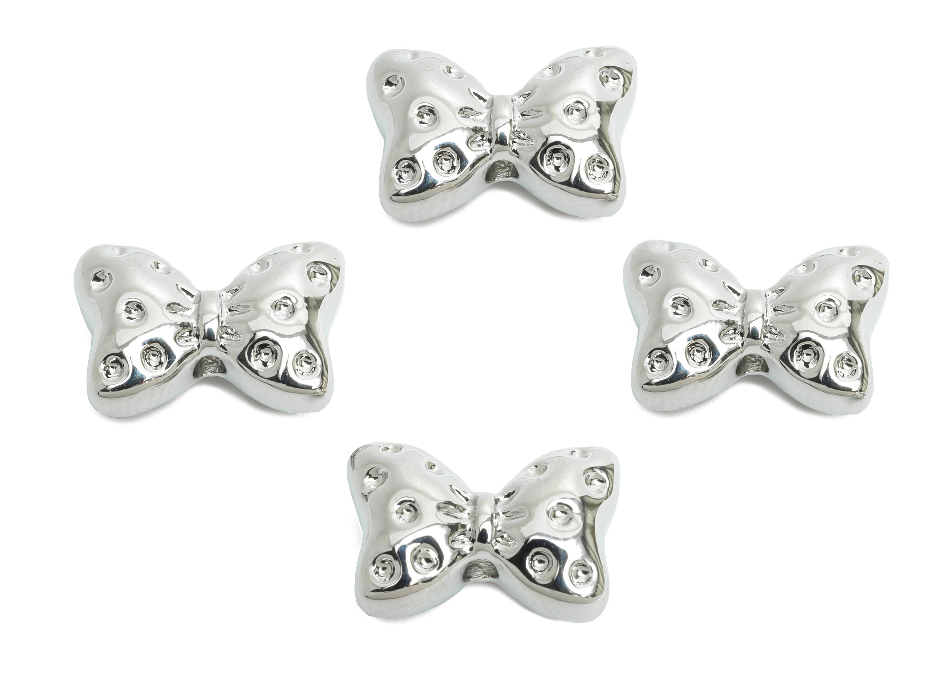 Brass Bowtie Earring Charms - Textured Silver Bowtie Bead - Refined Accessories Jewelry - 18K White Gold Plated - 14.8x10.2x5.6mm - RGP9937S - DOMEDBAZAAR