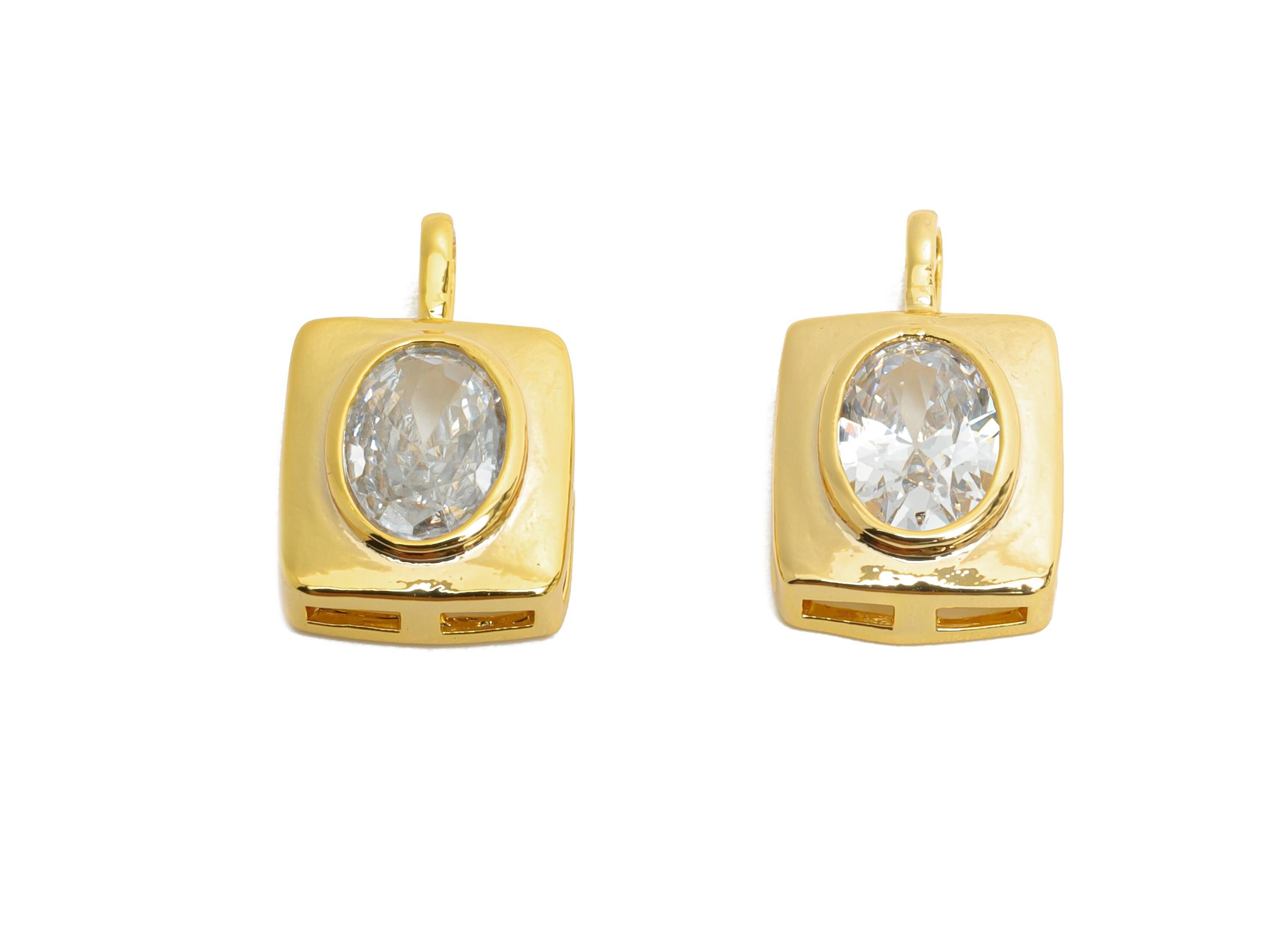 Brass CZ Rectangle Pendant - Gold Oval Zircon Pendant for Necklace - Minimalism Jewelry DIY - 18K Real Gold Plated - 14.2x9x3.2mm -RGP9913 - DOMEDBAZAAR