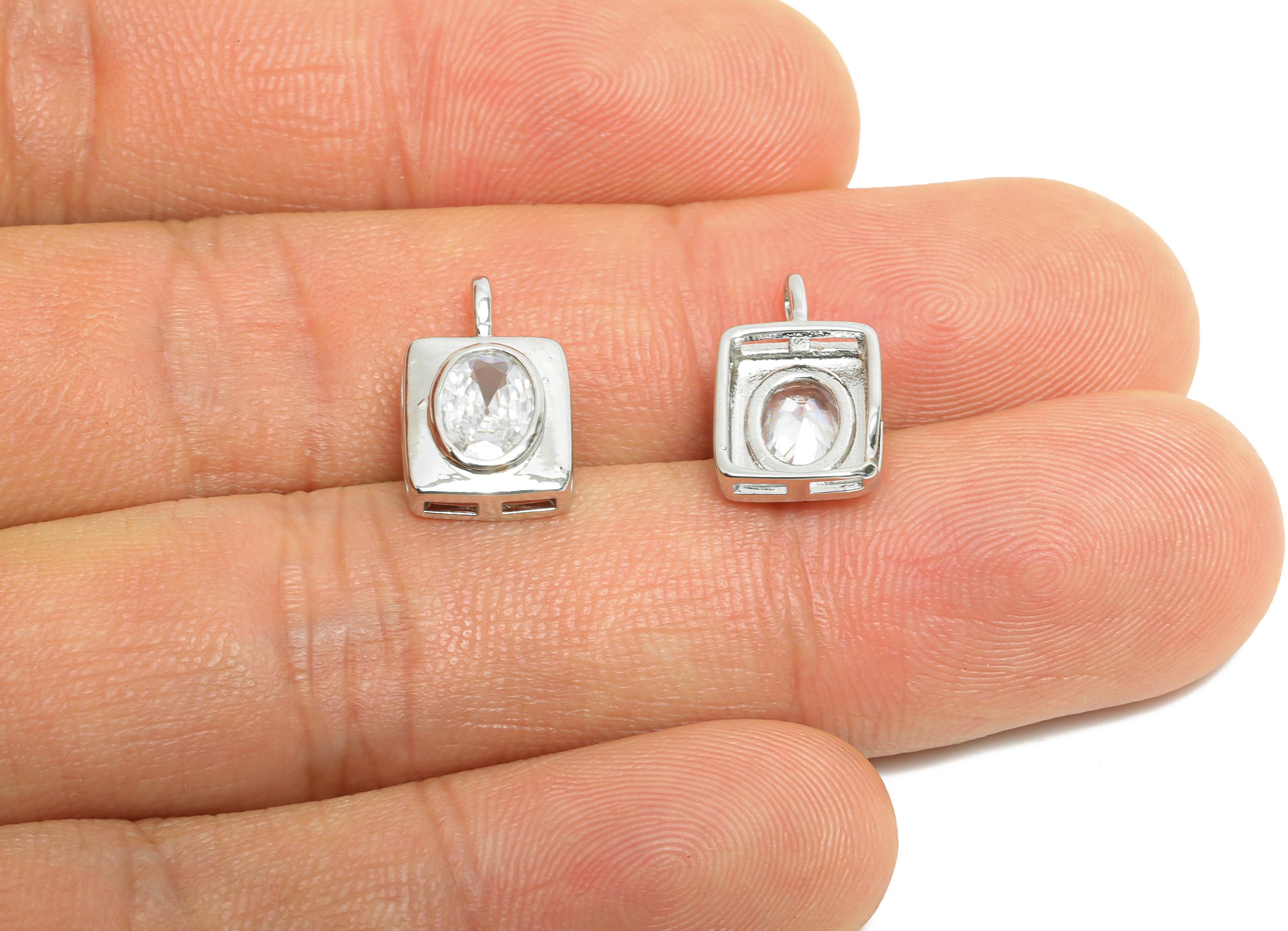 Brass CZ Rectangle Pendant - Silver Oval Zircon Pendant for Necklace - Minimalism Jewelry DIY -18K White Gold Plated -14.2x9x3.2mm-RGP9913S - DOMEDBAZAAR