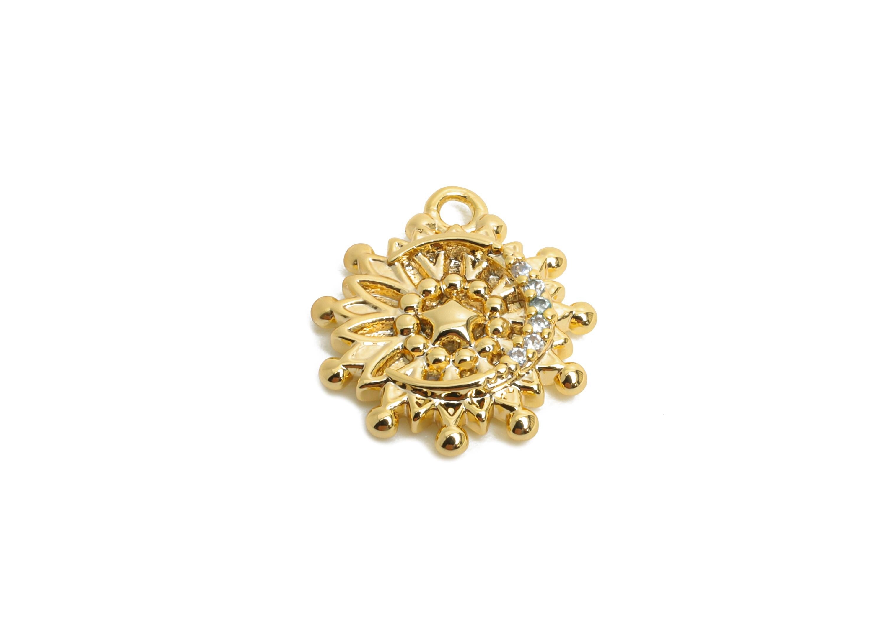 Brass CZ Sunflower Earring Charm - Gold Zircon Moon Star Pendant for Necklace - Chic Jewelry - 18K Real Gold Plated - 14x12.4x2.5mm -RGP9904 - DOMEDBAZAAR