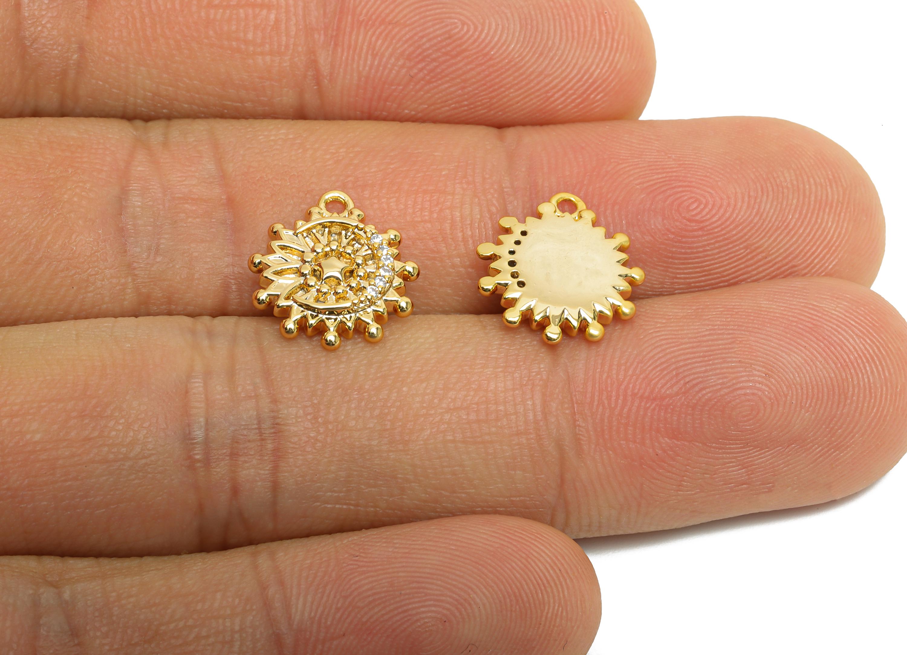 Brass CZ Sunflower Earring Charm - Gold Zircon Moon Star Pendant for Necklace - Chic Jewelry - 18K Real Gold Plated - 14x12.4x2.5mm -RGP9904 - DOMEDBAZAAR
