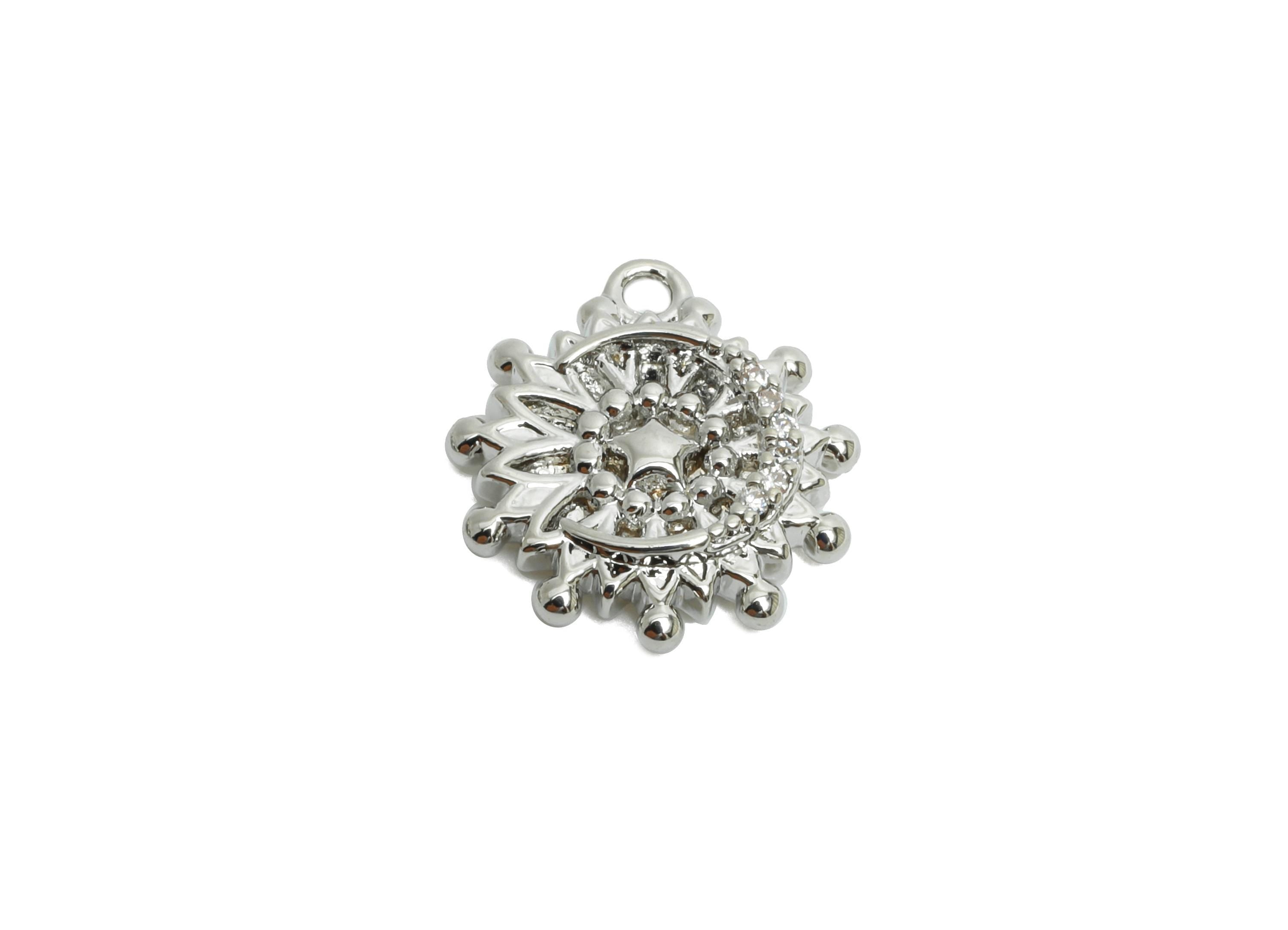 Brass CZ Sunflower Earring Charm - Silver Zircon Moon Star Pendant for Necklace - Chic Jewelry -18K White Gold Plated-14x12.4x2.5mm-RGP9904S - DOMEDBAZAAR