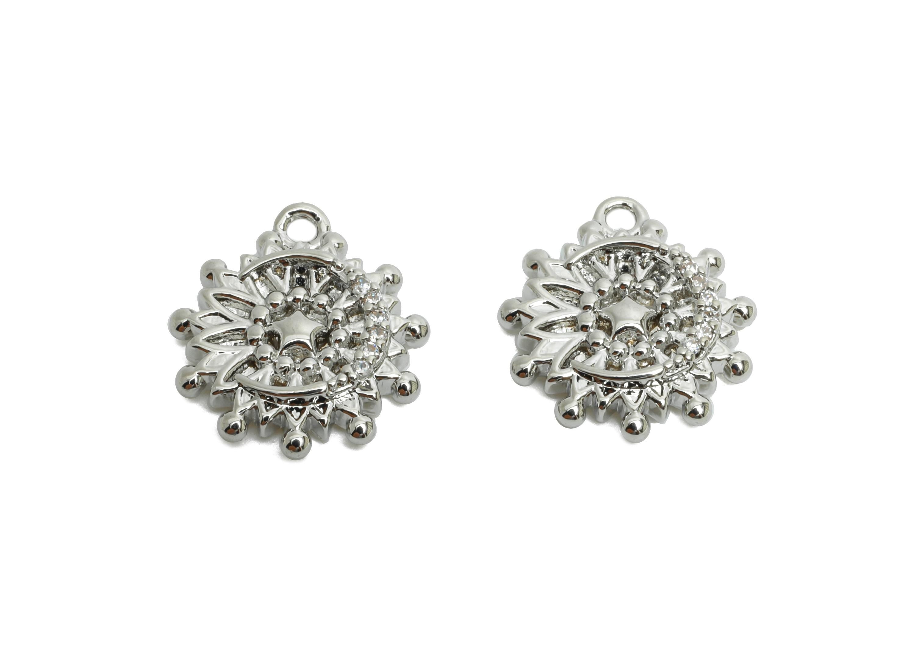 Brass CZ Sunflower Earring Charm - Silver Zircon Moon Star Pendant for Necklace - Chic Jewelry -18K White Gold Plated-14x12.4x2.5mm-RGP9904S - DOMEDBAZAAR