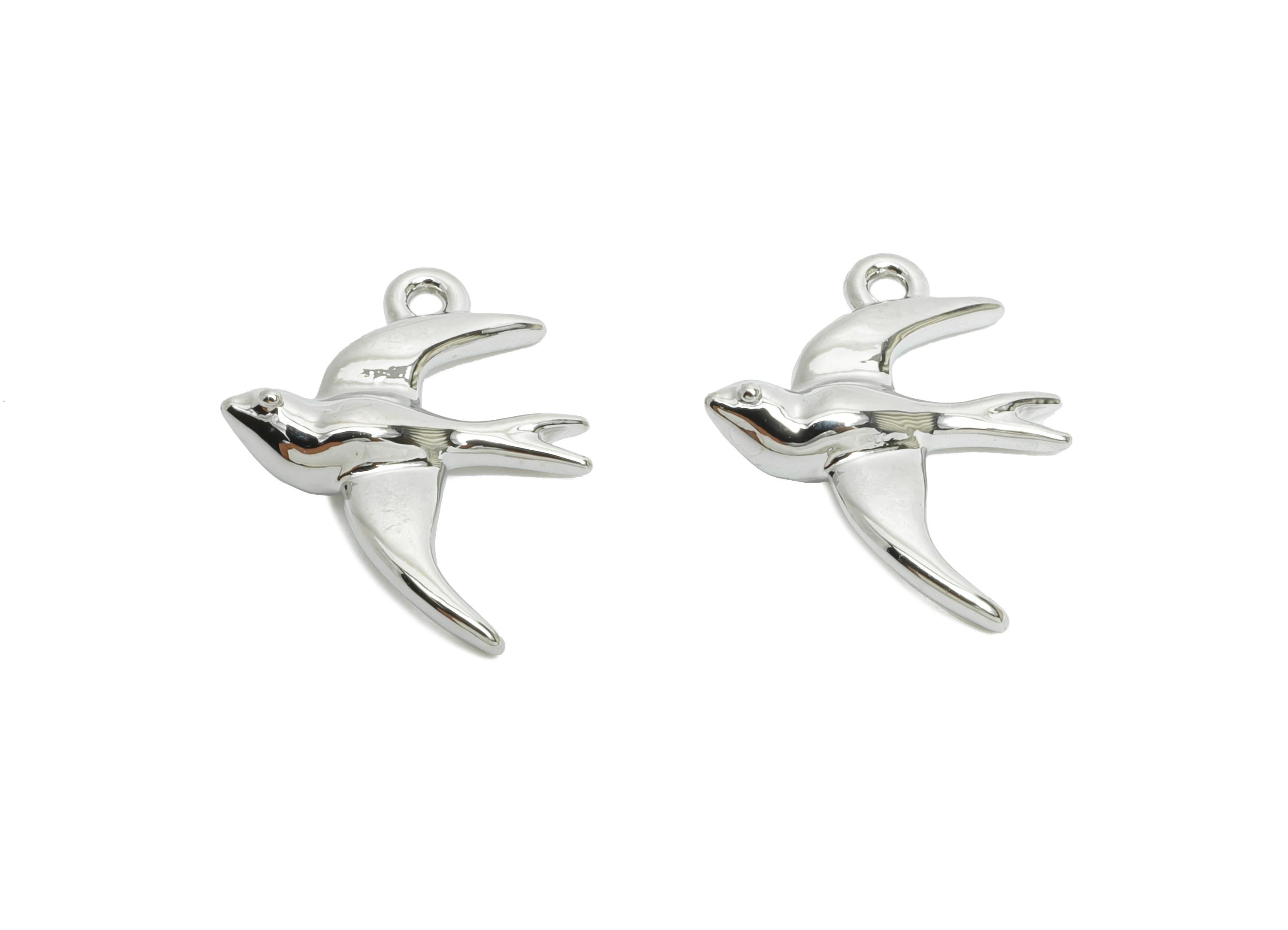 Brass Swallow Earring Charms - Mini Dainty Bird Charm for Bracelet - Minimalism Jewelry - 18K White Gold Plated - 14.6x12x3.4mm - RGP9918S - DOMEDBAZAAR