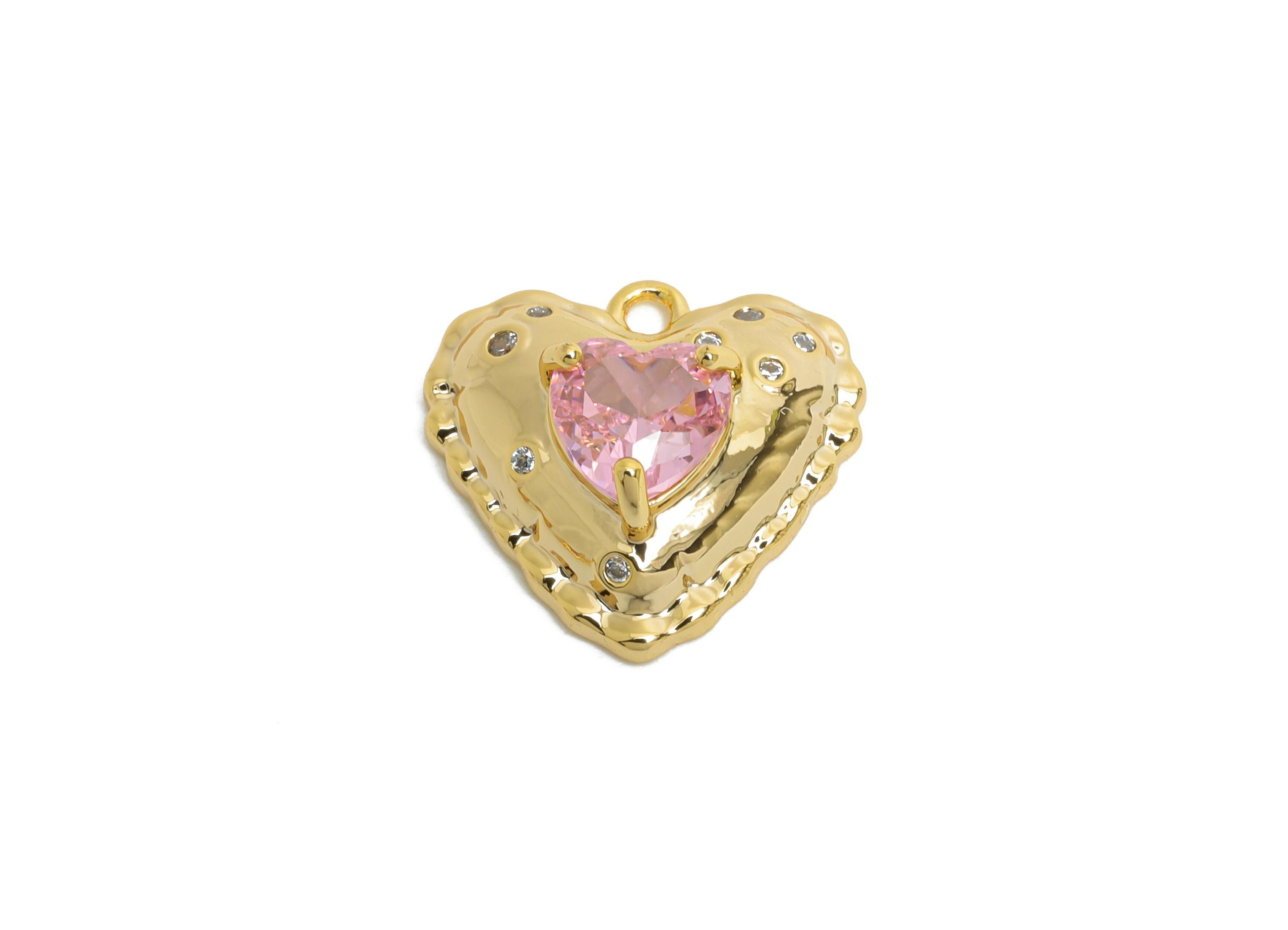 Sparkling Brass Heart Pendant - Dainty Zircon Gold Heart Charm - Valentine&#39;s Day Jewelry - 18K Real Gold Plated - 14.6x14.3x5.5mm - RGP9890 - DOMEDBAZAAR