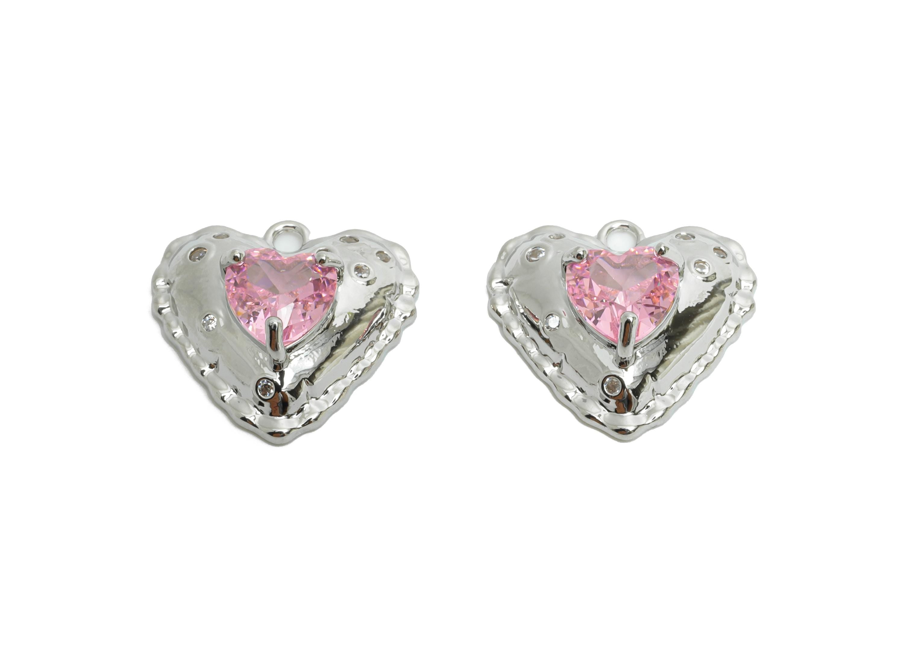 Sparkling Brass Heart Pendant - Dainty Zircon Silver Heart Charm - Valentine&#39;s Day Jewelry - 18K White Gold Plated -14.6x14.3x5.5mm-RGP9890S - DOMEDBAZAAR