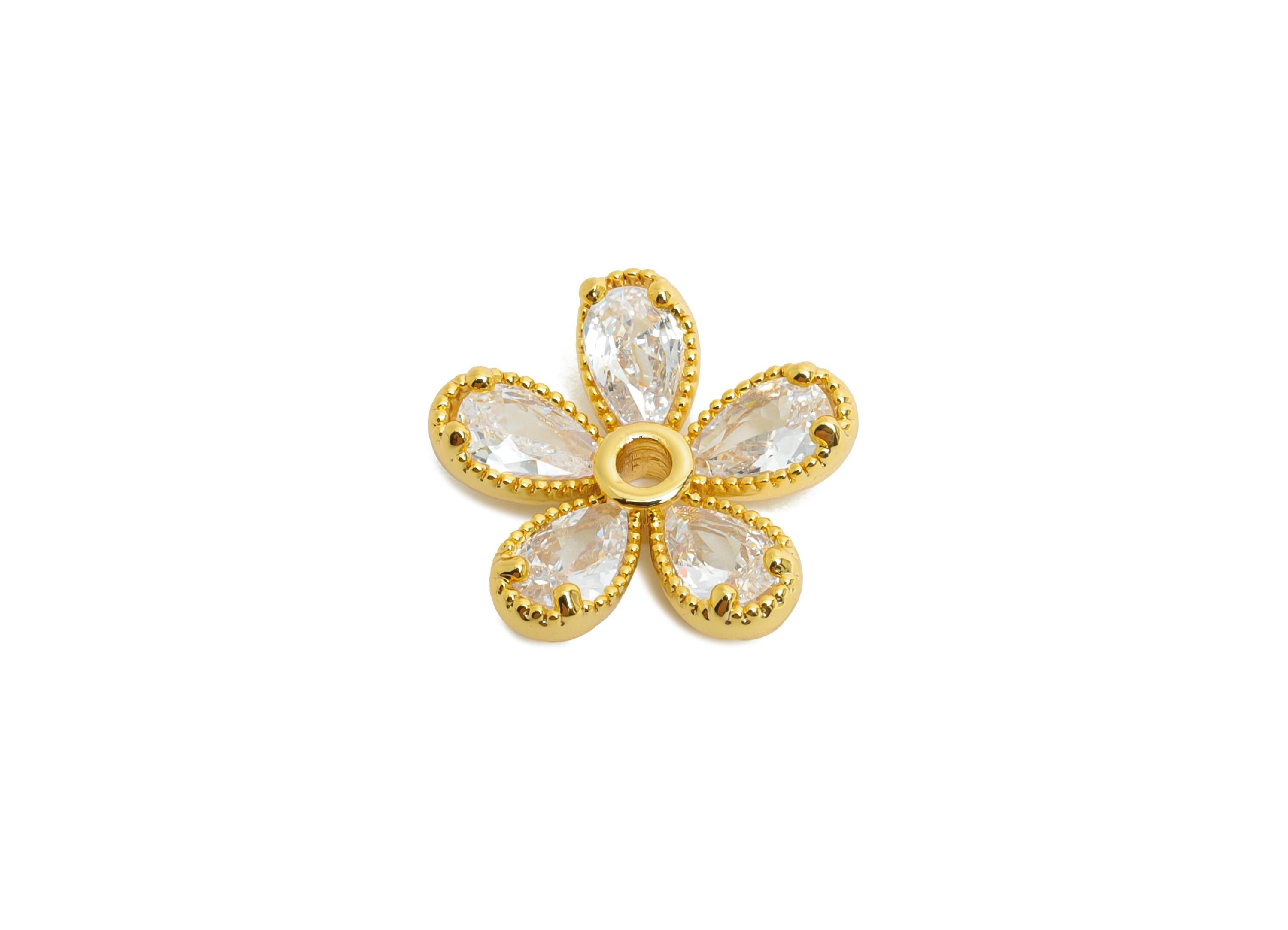 Brass CZ Daisy Earring Charm - Gold Zircon Flower Botanical Charms - Dainty Jewelry Accessories - 18K Real Gold Plated - 13x13x3mm - RGP9902 - DOMEDBAZAAR