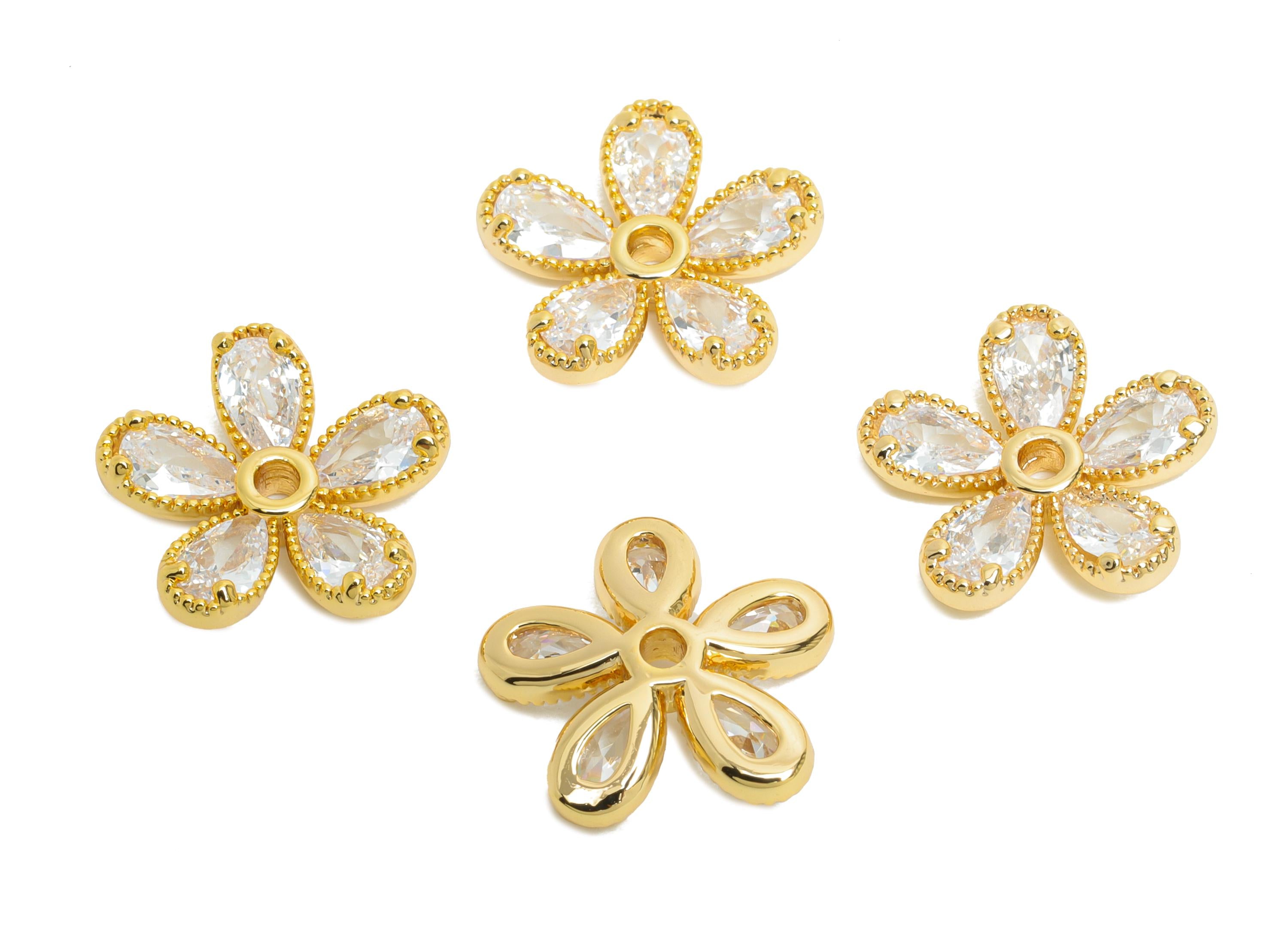 Brass CZ Daisy Earring Charm - Gold Zircon Flower Botanical Charms - Dainty Jewelry Accessories - 18K Real Gold Plated - 13x13x3mm - RGP9902 - DOMEDBAZAAR